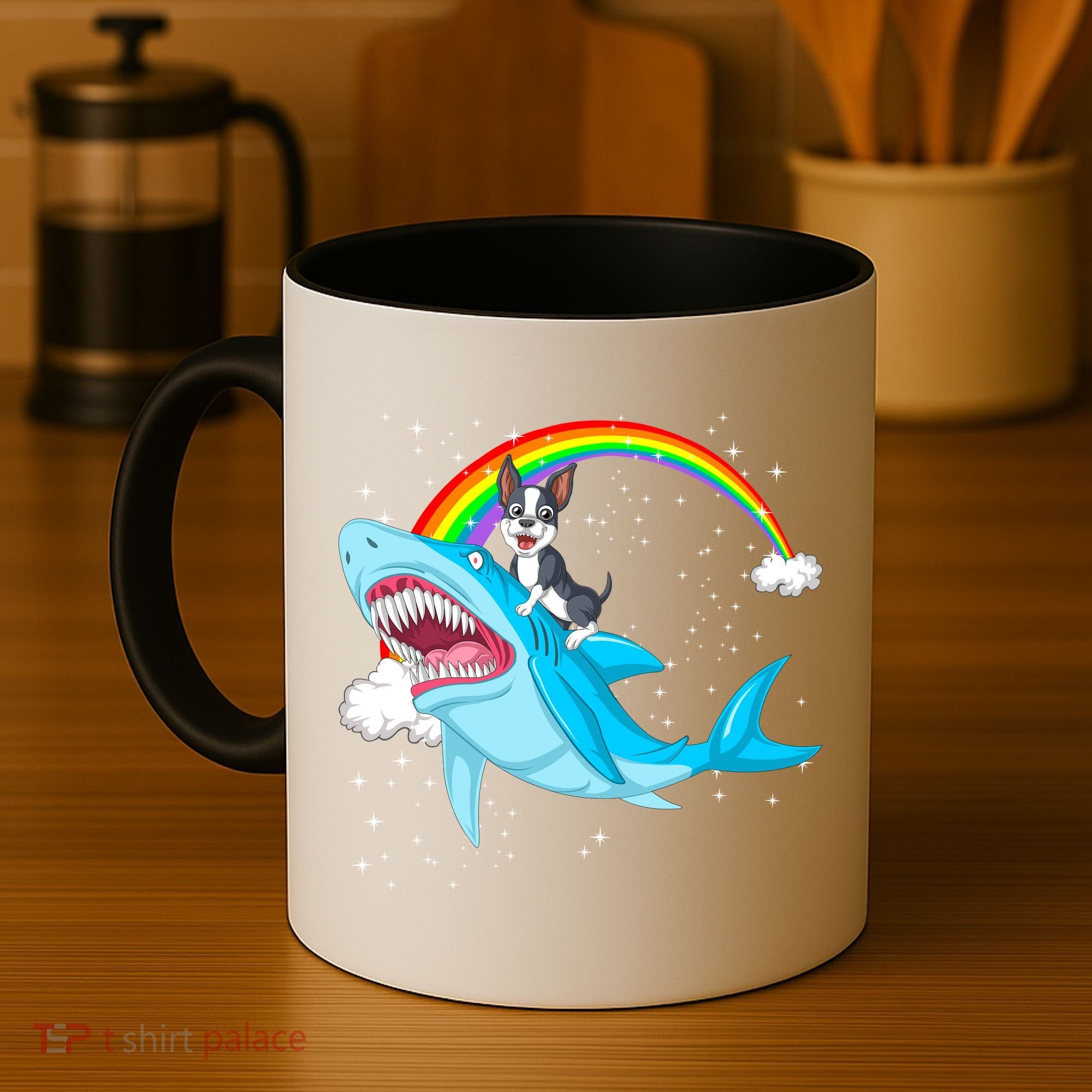 Boston Terrier Riding Shark Coffee Mug
