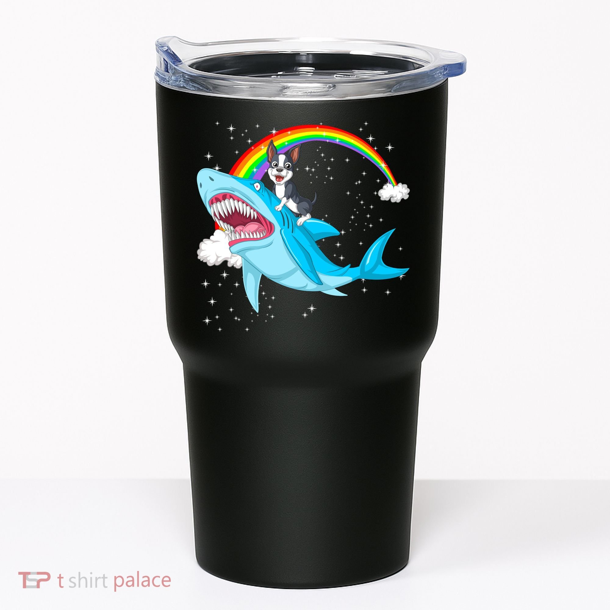 Boston Terrier Riding Shark Tumbler