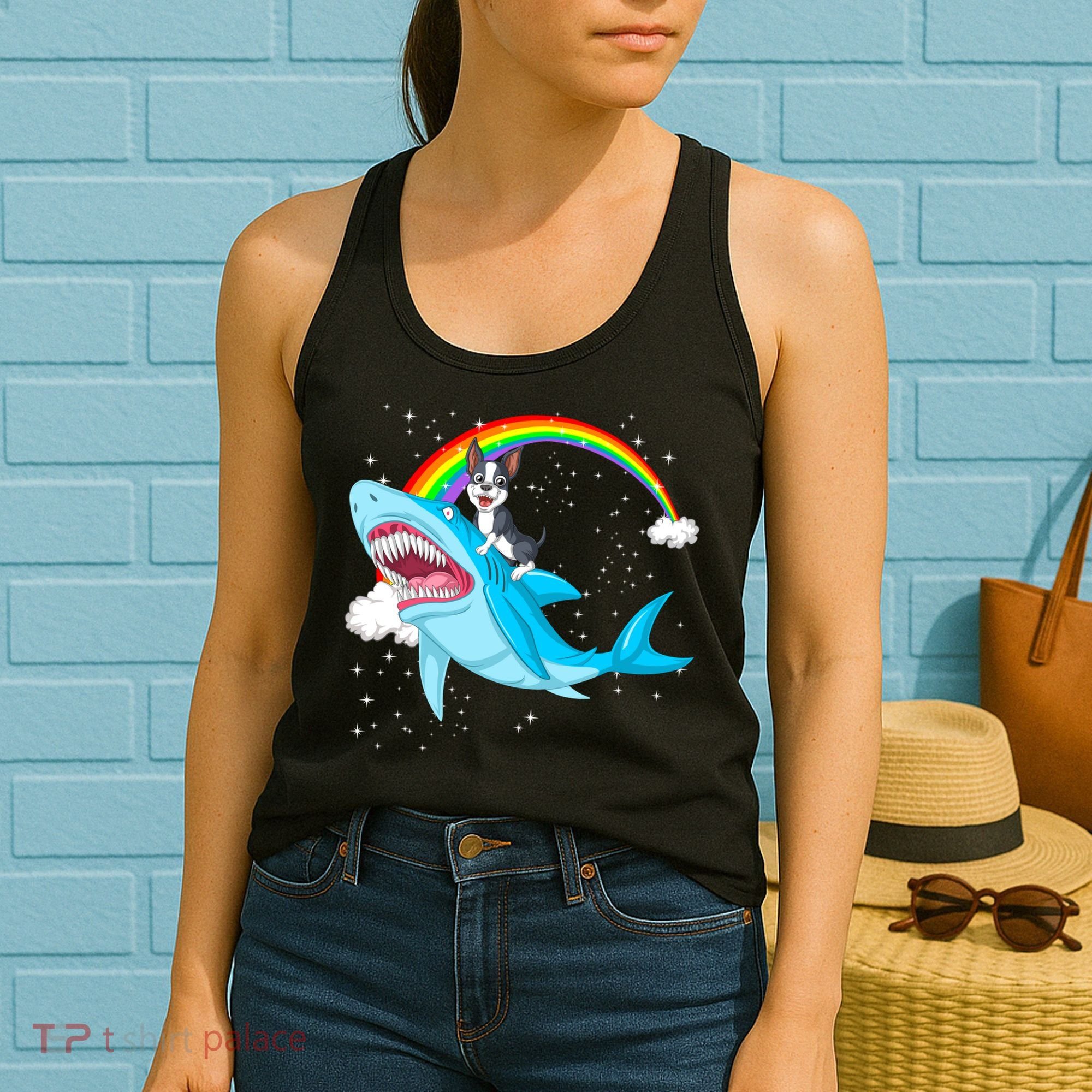 Boston Terrier Riding Shark Women's Tank Top