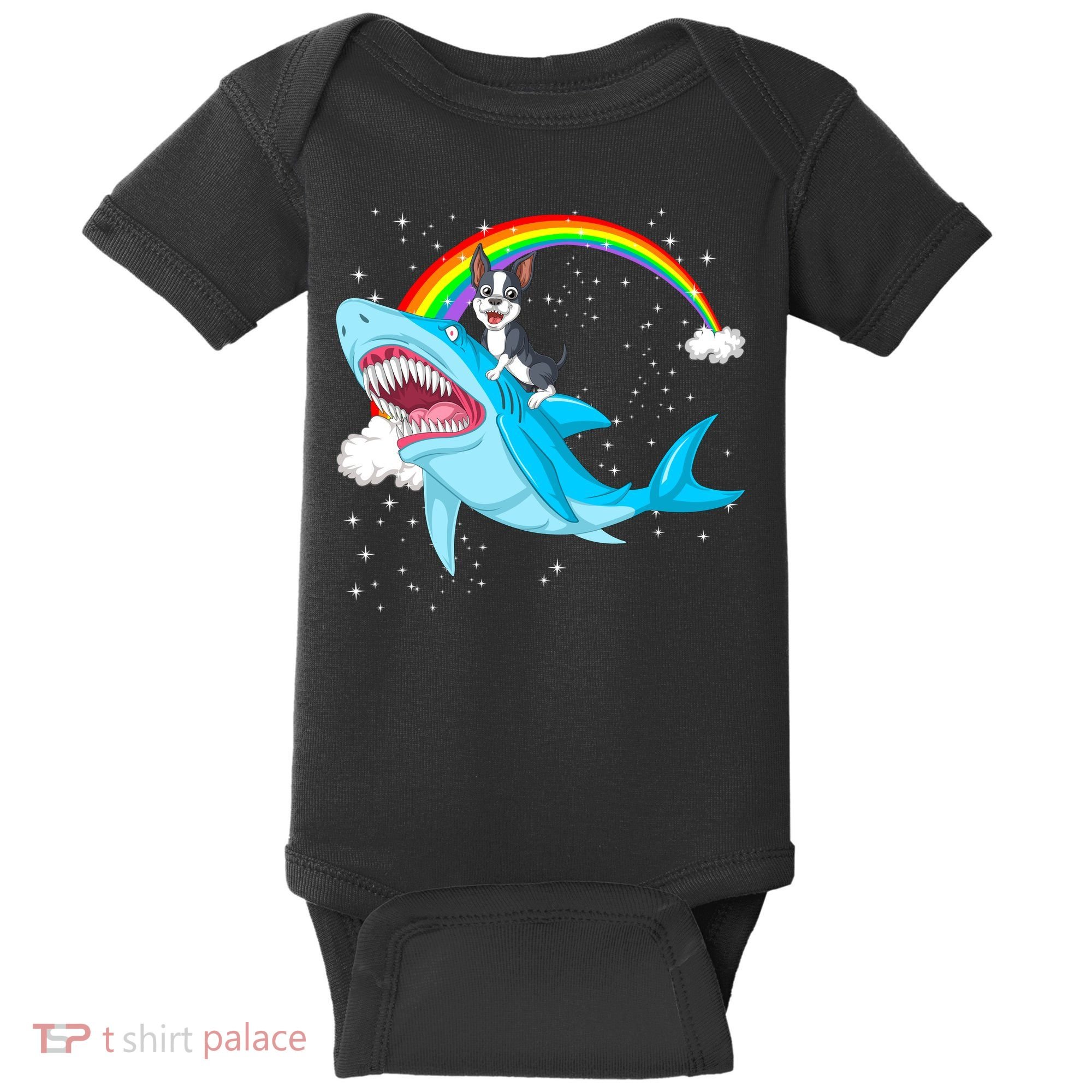 Boston Terrier Riding Shark Baby Bodysuit