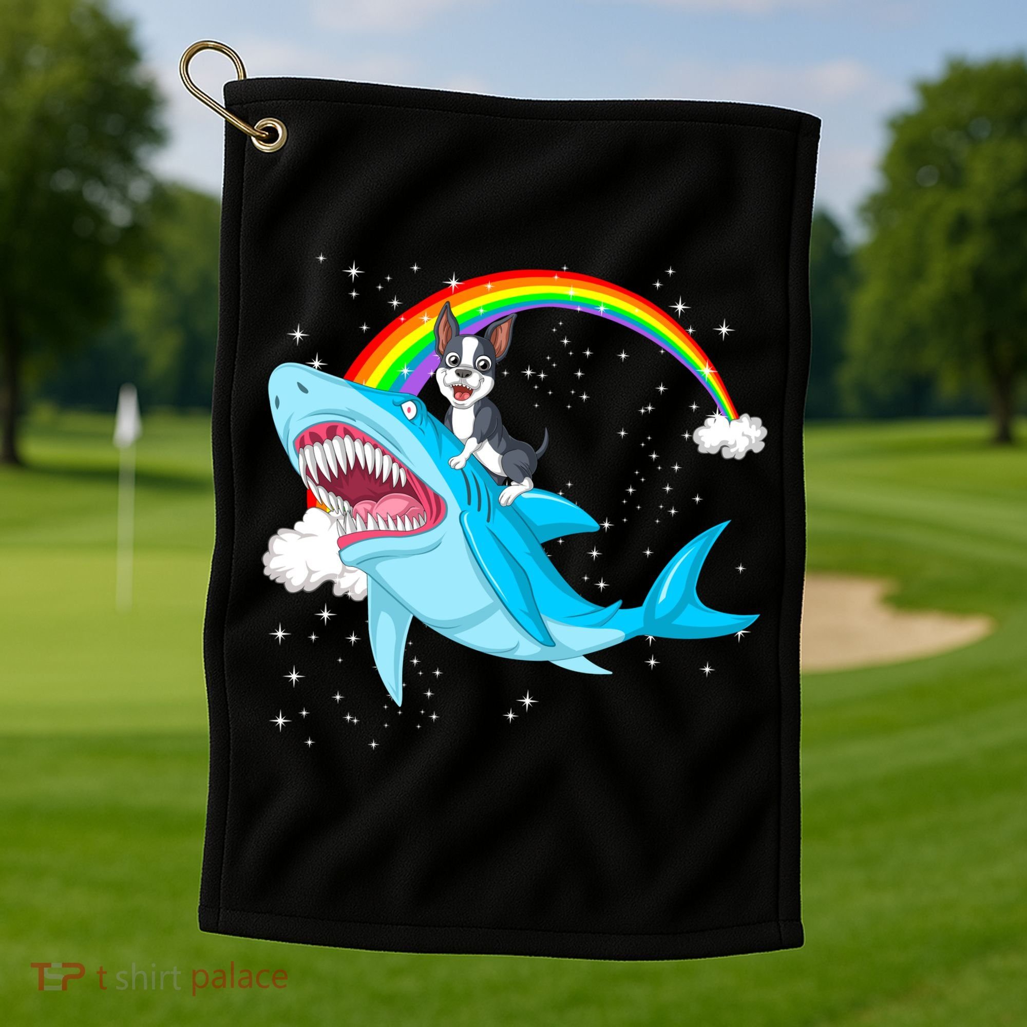 Boston Terrier Riding Shark Golf Towel