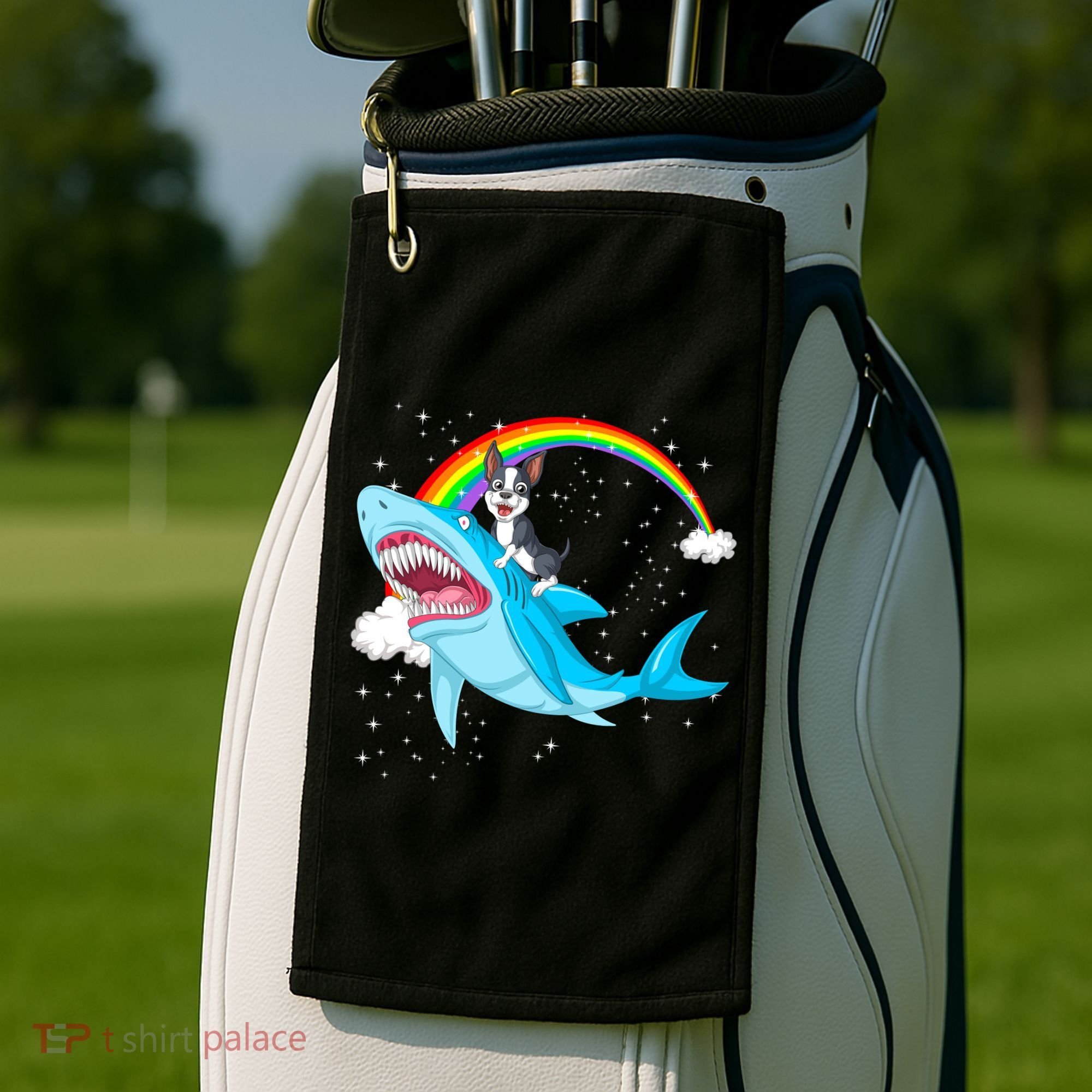Boston Terrier Riding Shark Golf Towel