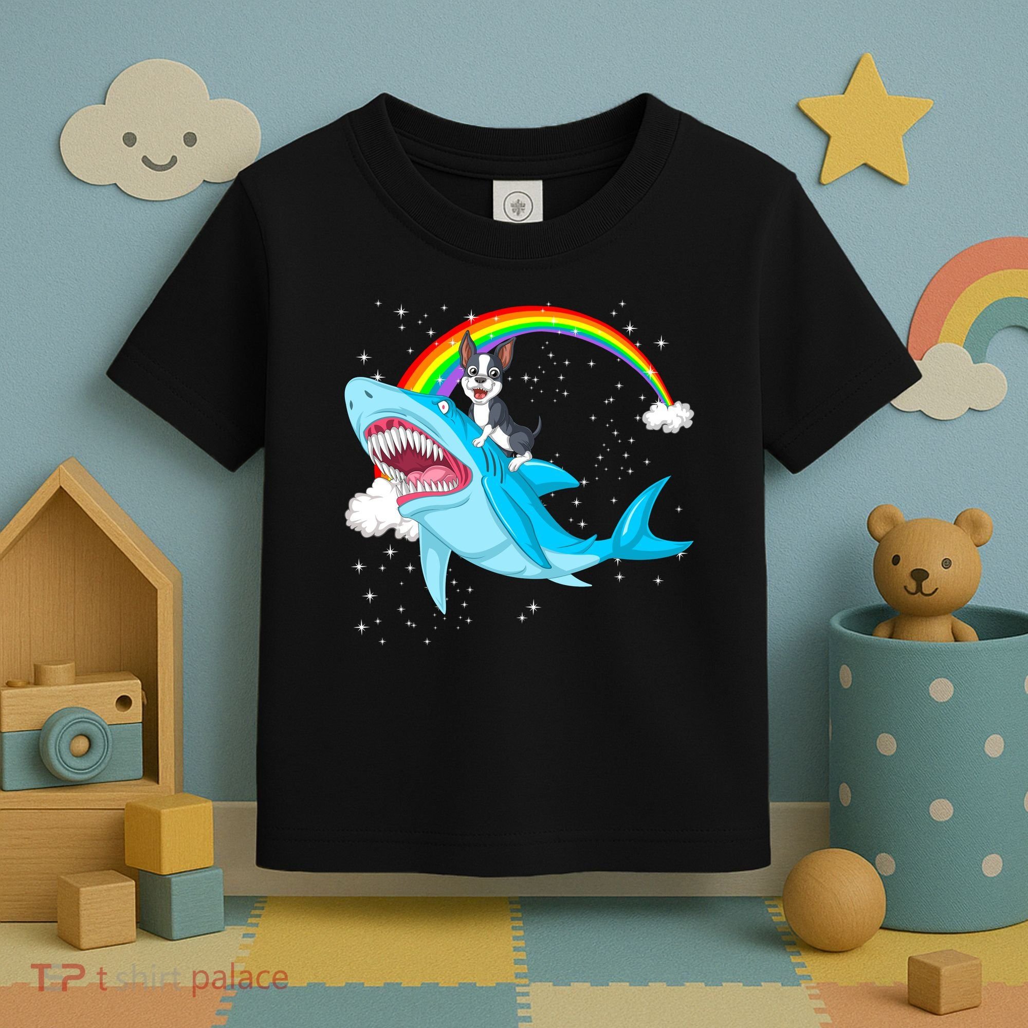 Boston Terrier Riding Shark Toddler T-Shirt