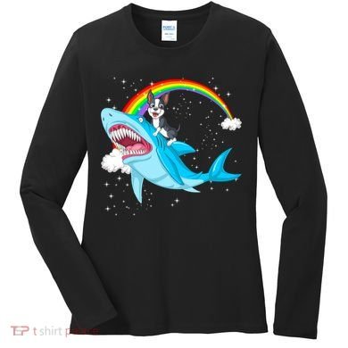 Boston Terrier Riding Shark Women's Long Sleeve Shirt