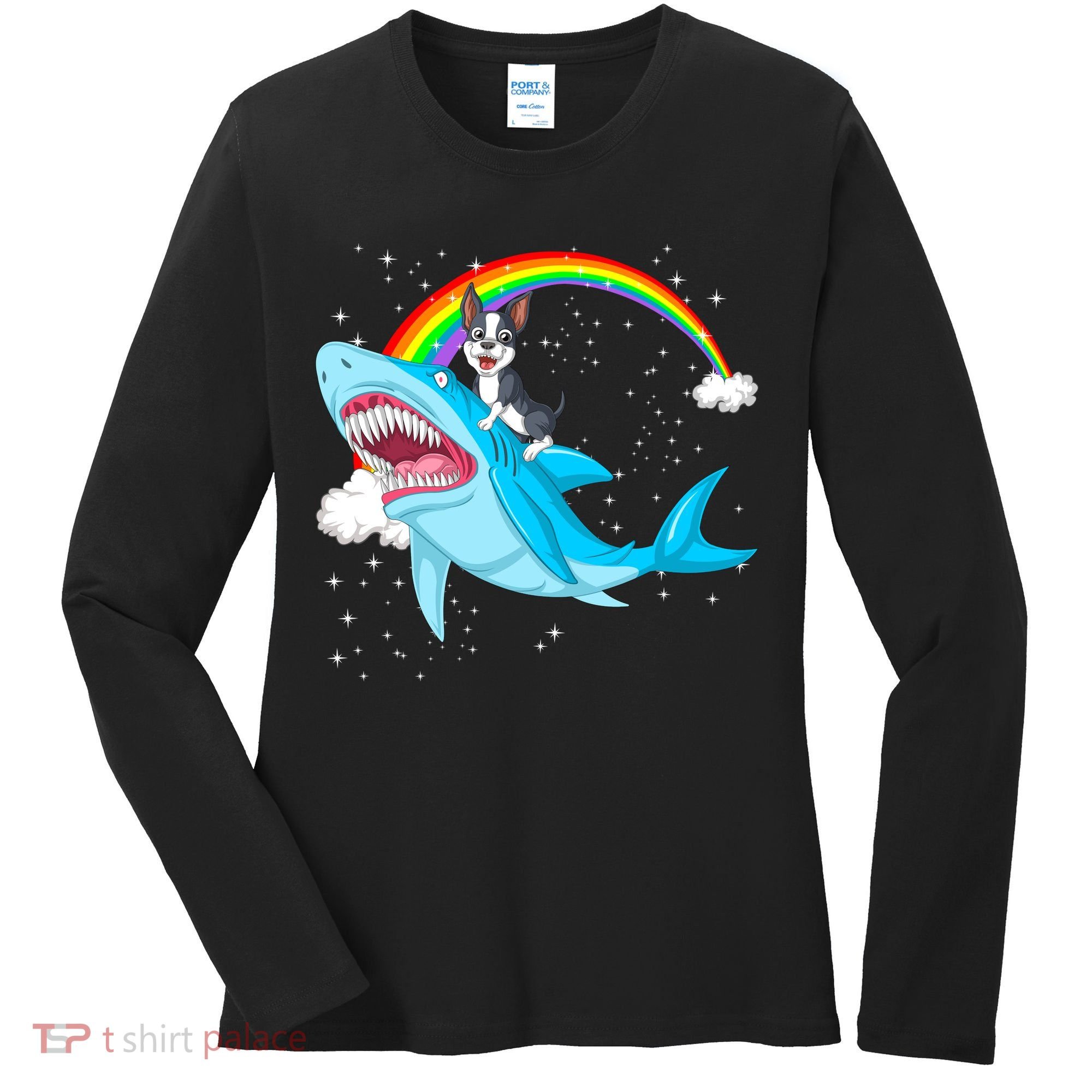 Boston Terrier Riding Shark Women's Long Sleeve Shirt