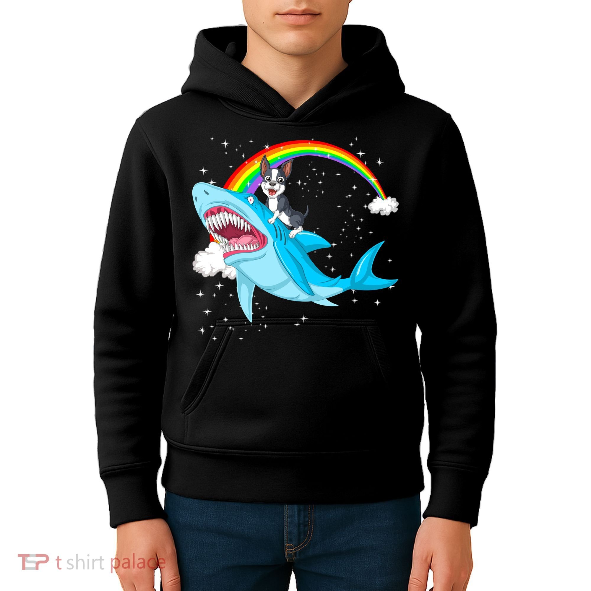 Boston Terrier Riding Shark Kids Hoodie