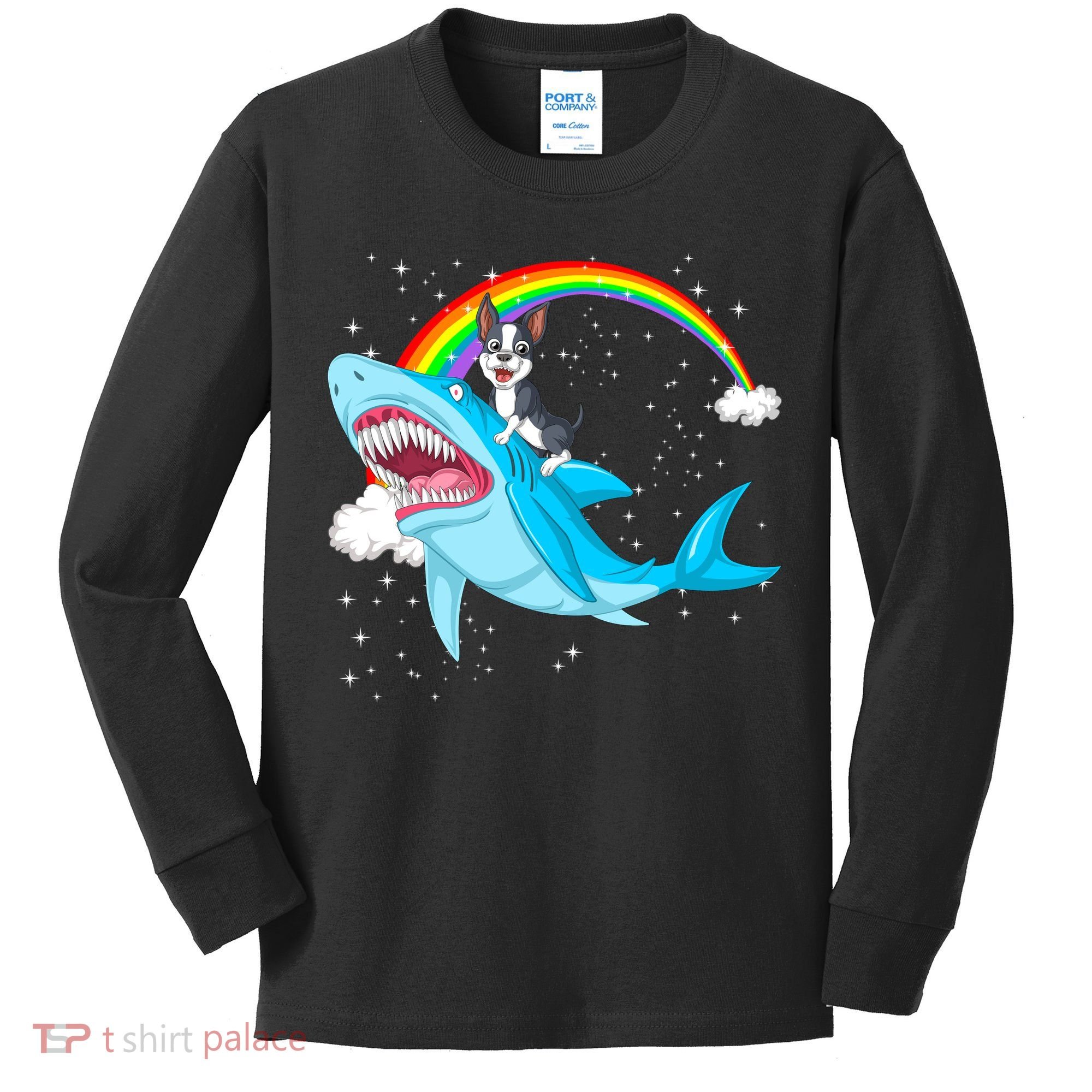 Boston Terrier Riding Shark Kids Long Sleeve Shirt