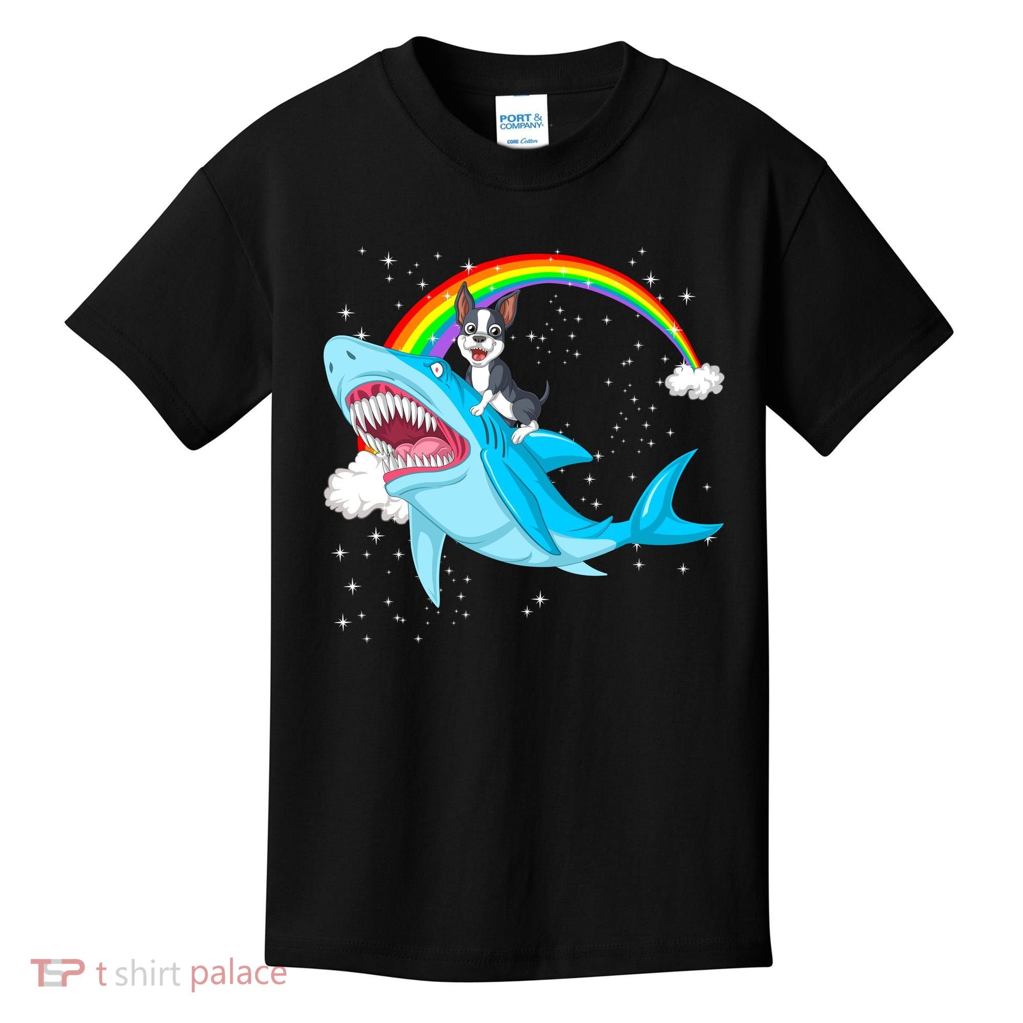 Boston Terrier Riding Shark Kids T-Shirt