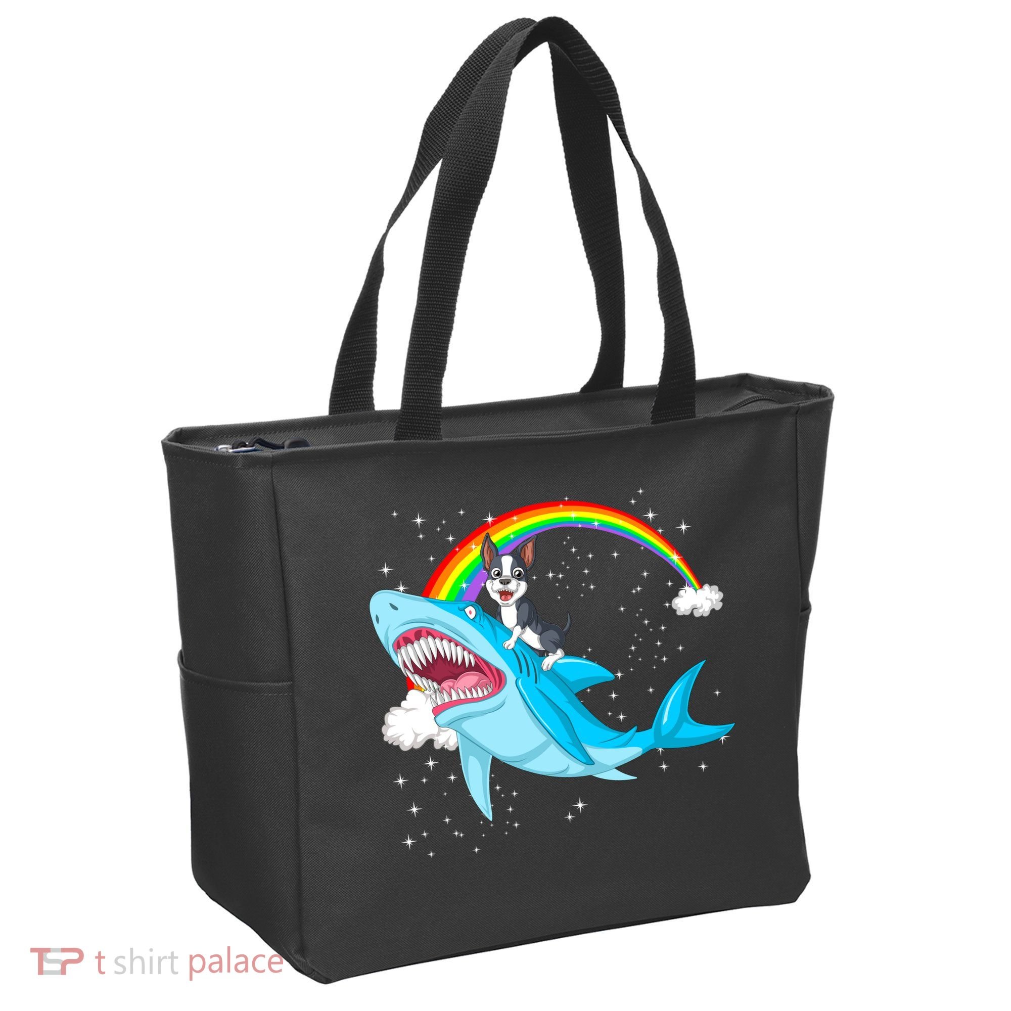 Boston Terrier Riding Shark Tote Bag