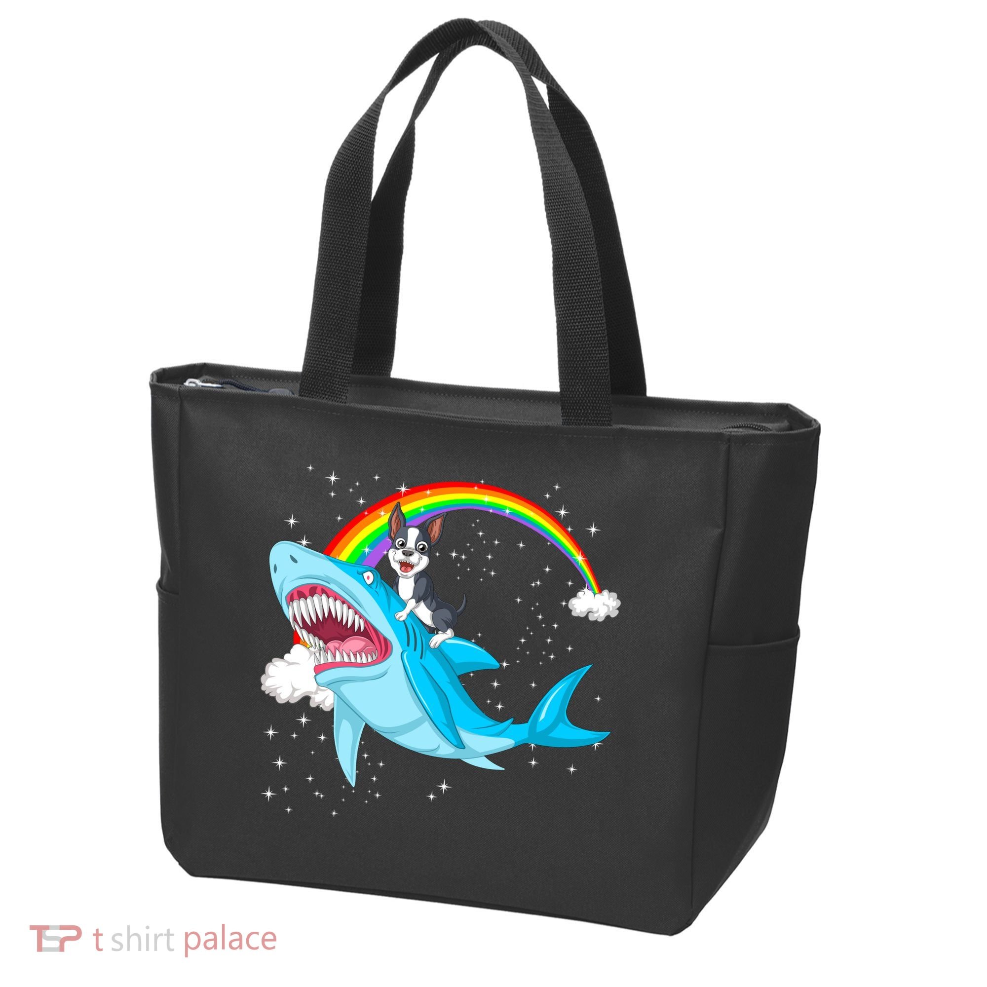 Boston Terrier Riding Shark Tote Bag