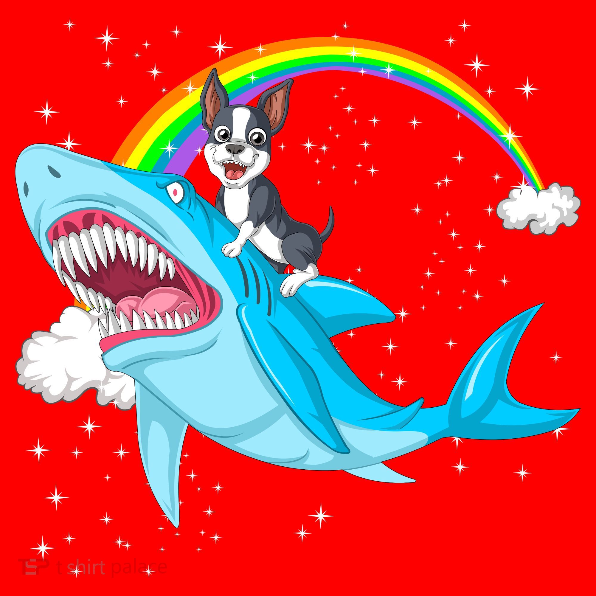 Boston Terrier Riding Shark Santa Hat