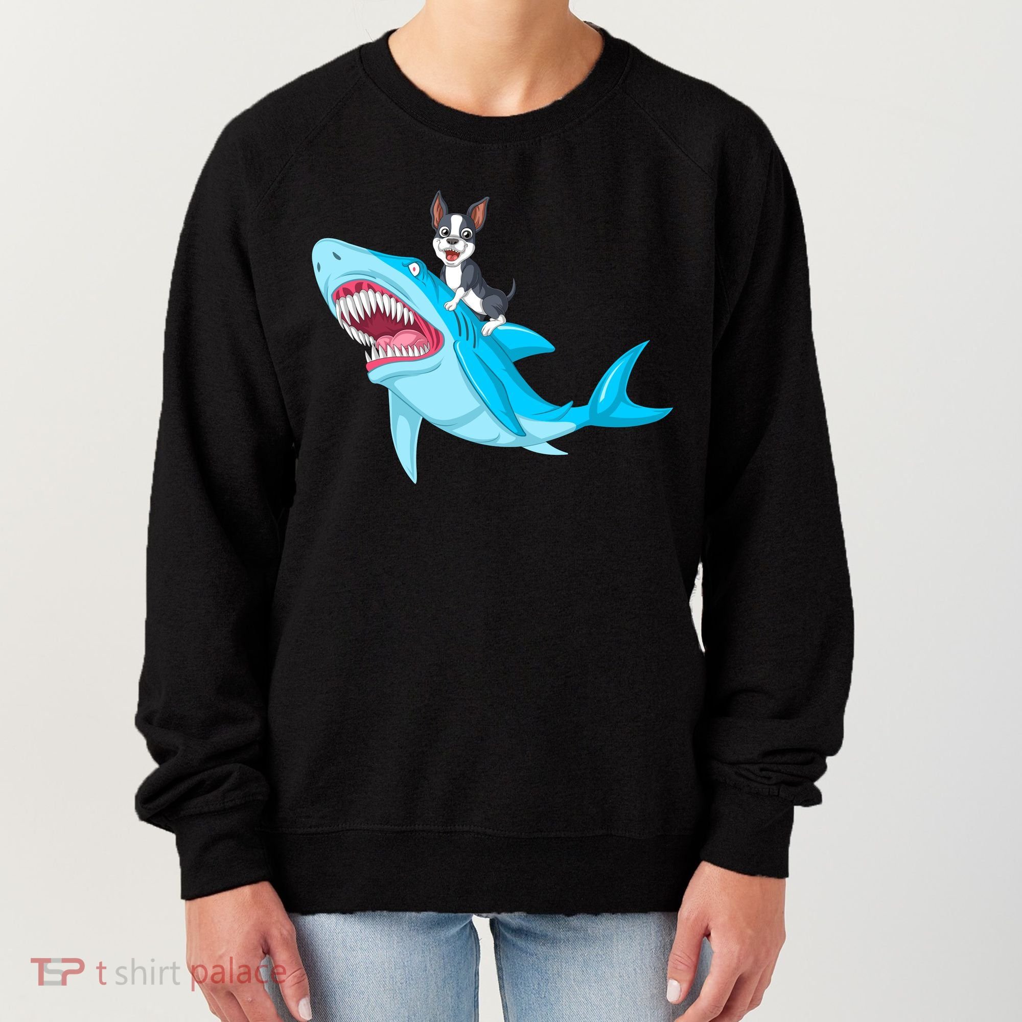 Boston Terrier Riding Shark Women's Sweatshirt