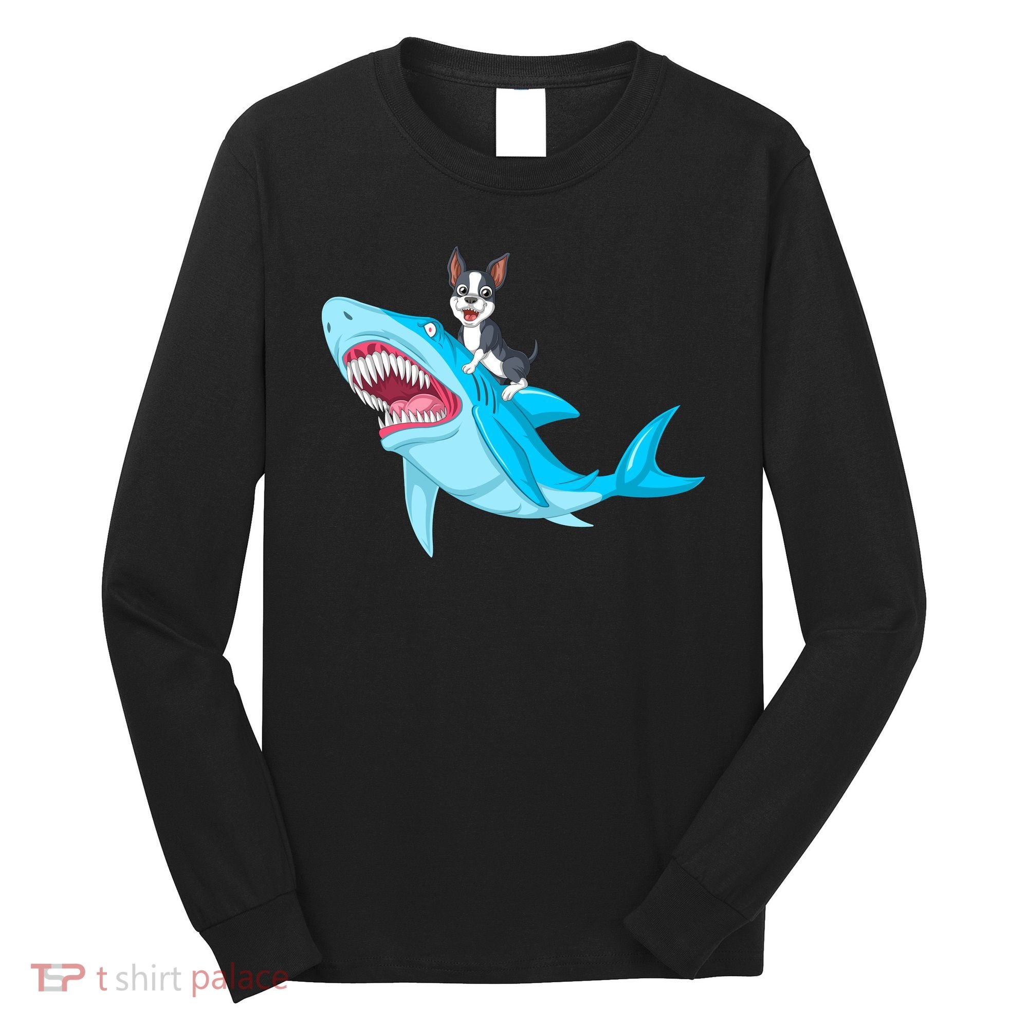 Boston Terrier Riding Shark Long Sleeve Shirt