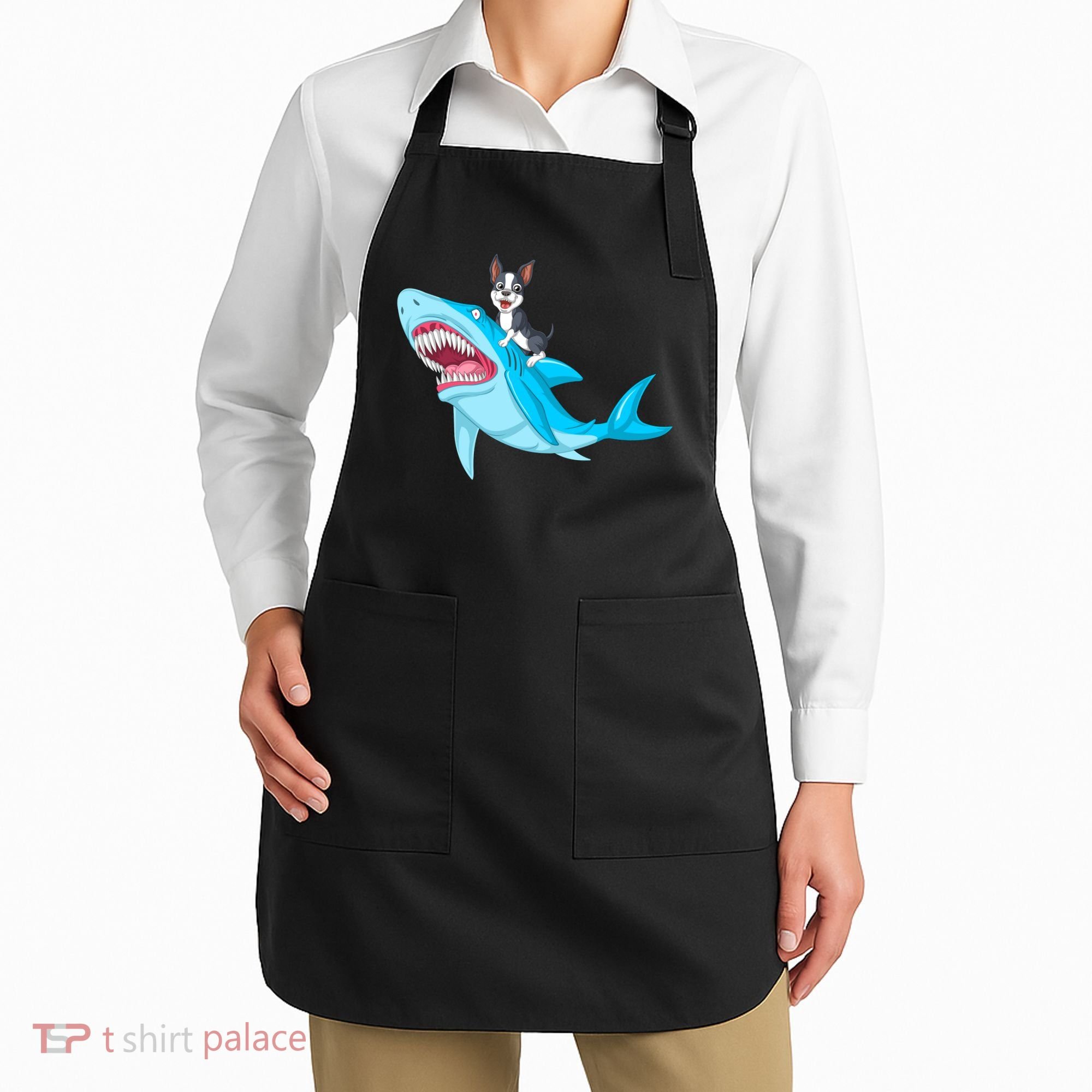 Boston Terrier Riding Shark Apron