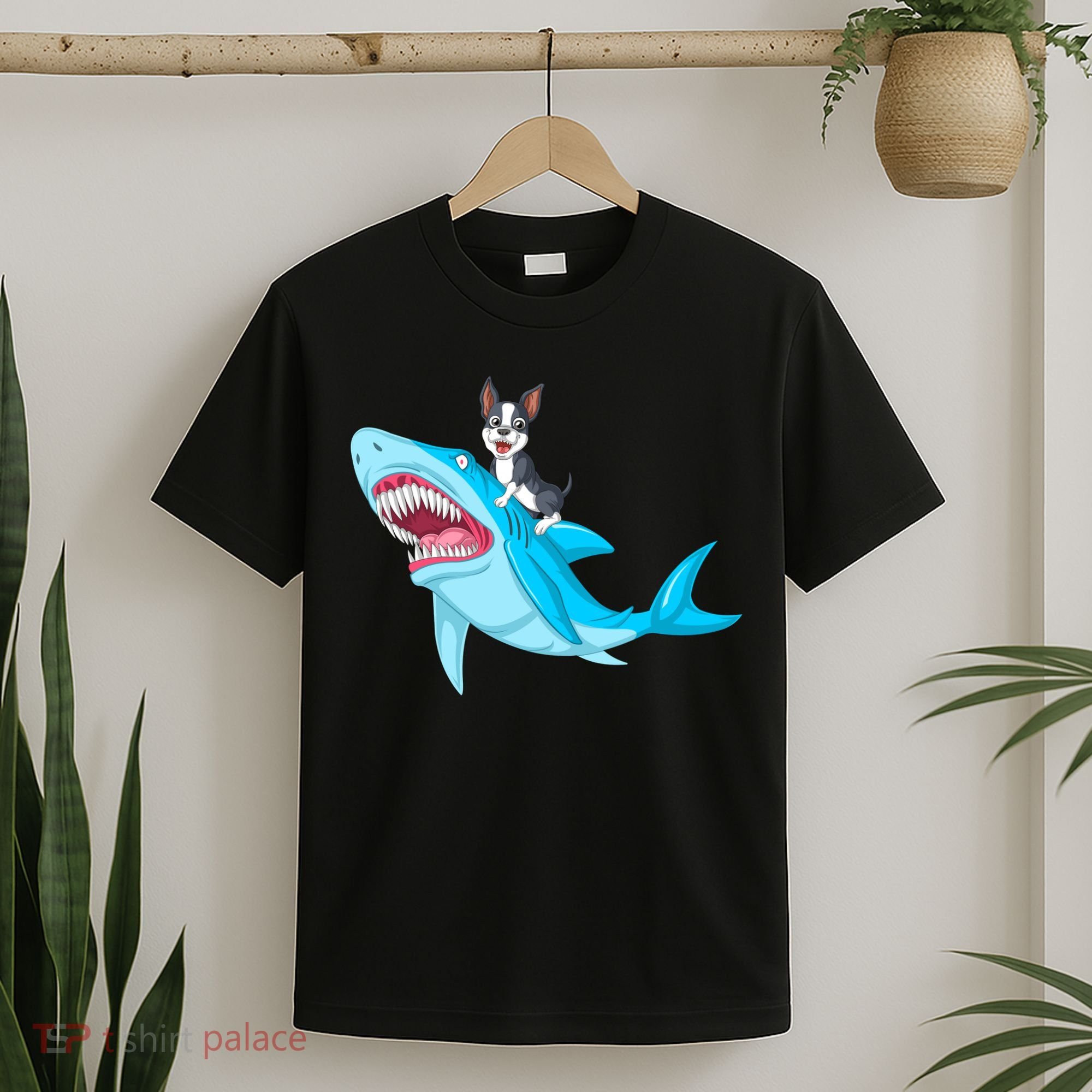 Boston Terrier Riding Shark T-Shirt