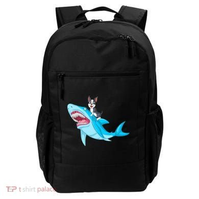 Boston Terrier Riding Shark Backpack