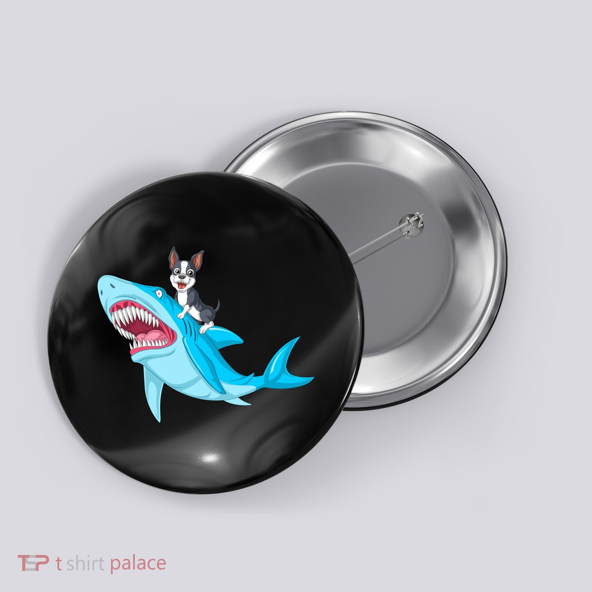 Boston Terrier Riding Shark Button