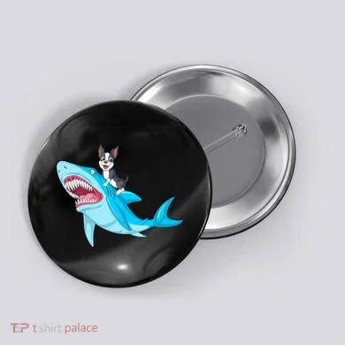 Boston Terrier Riding Shark Button