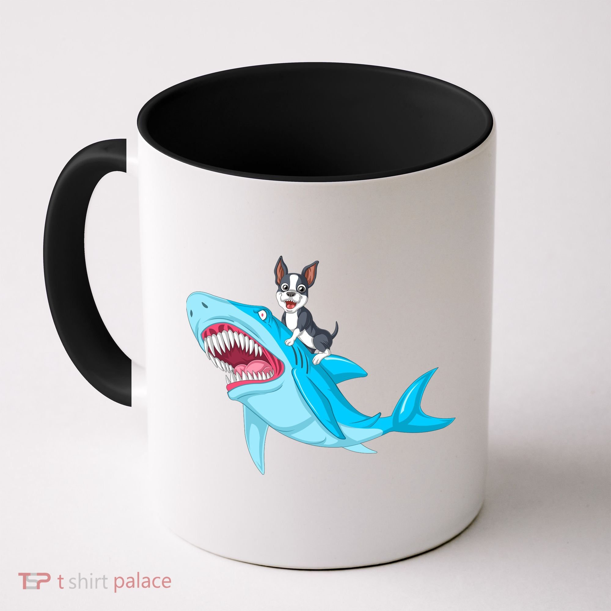 Boston Terrier Riding Shark Coffee Mug