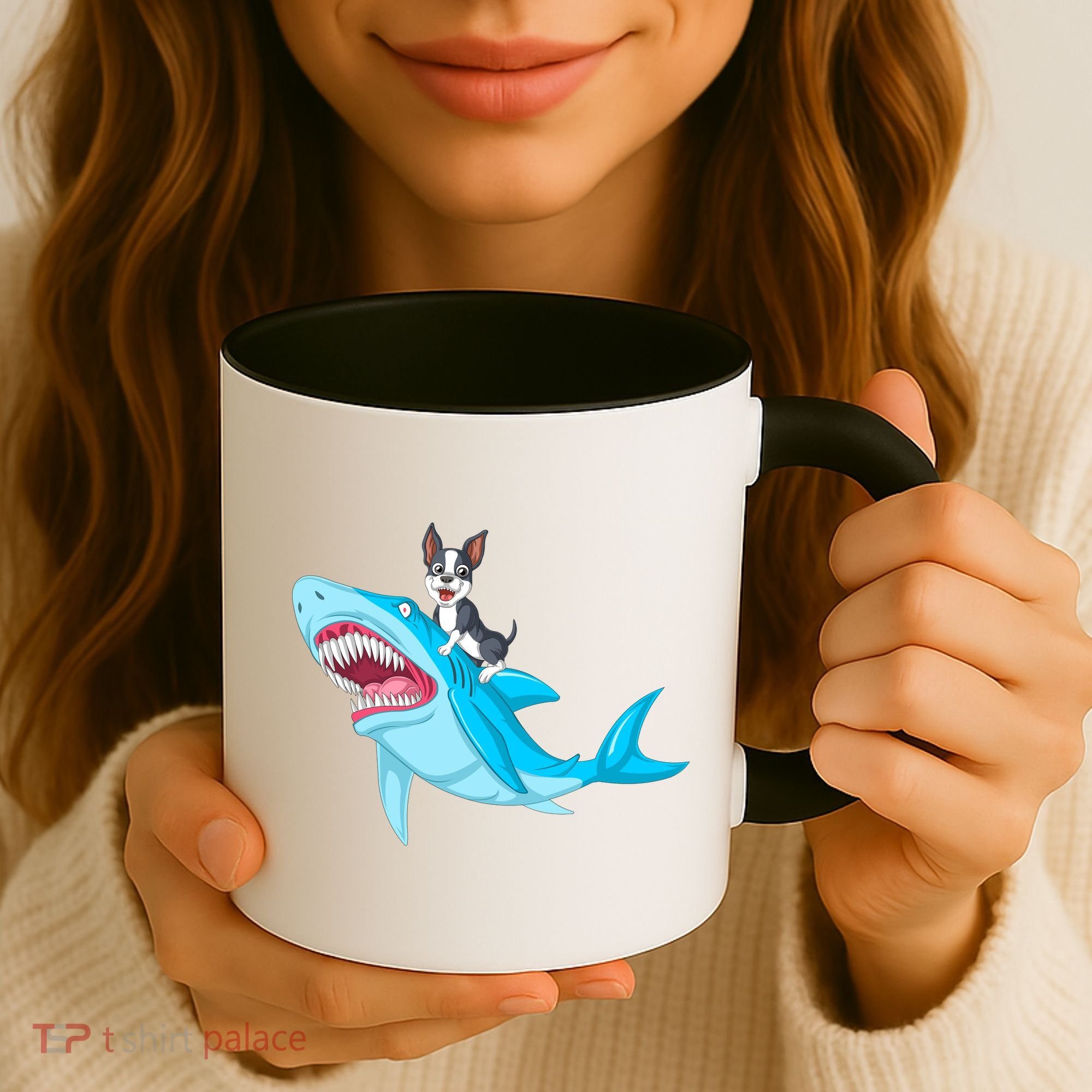 Boston Terrier Riding Shark Coffee Mug