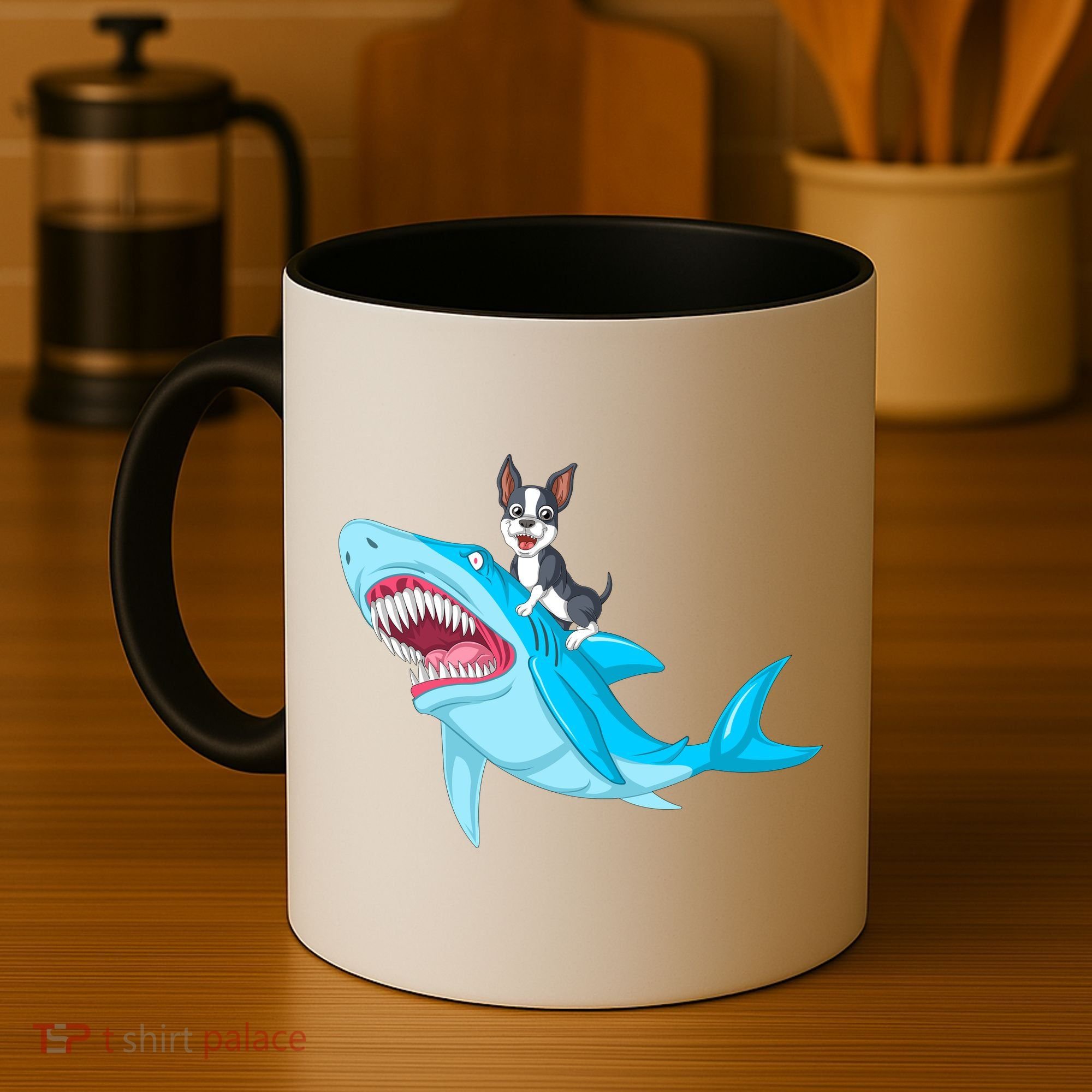 Boston Terrier Riding Shark Coffee Mug