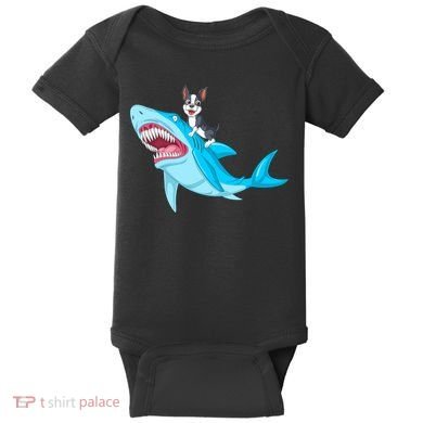 Boston Terrier Riding Shark Baby Bodysuit
