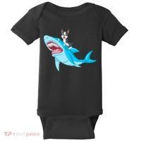 Boston Terrier Riding Shark Baby Bodysuit thumb 0