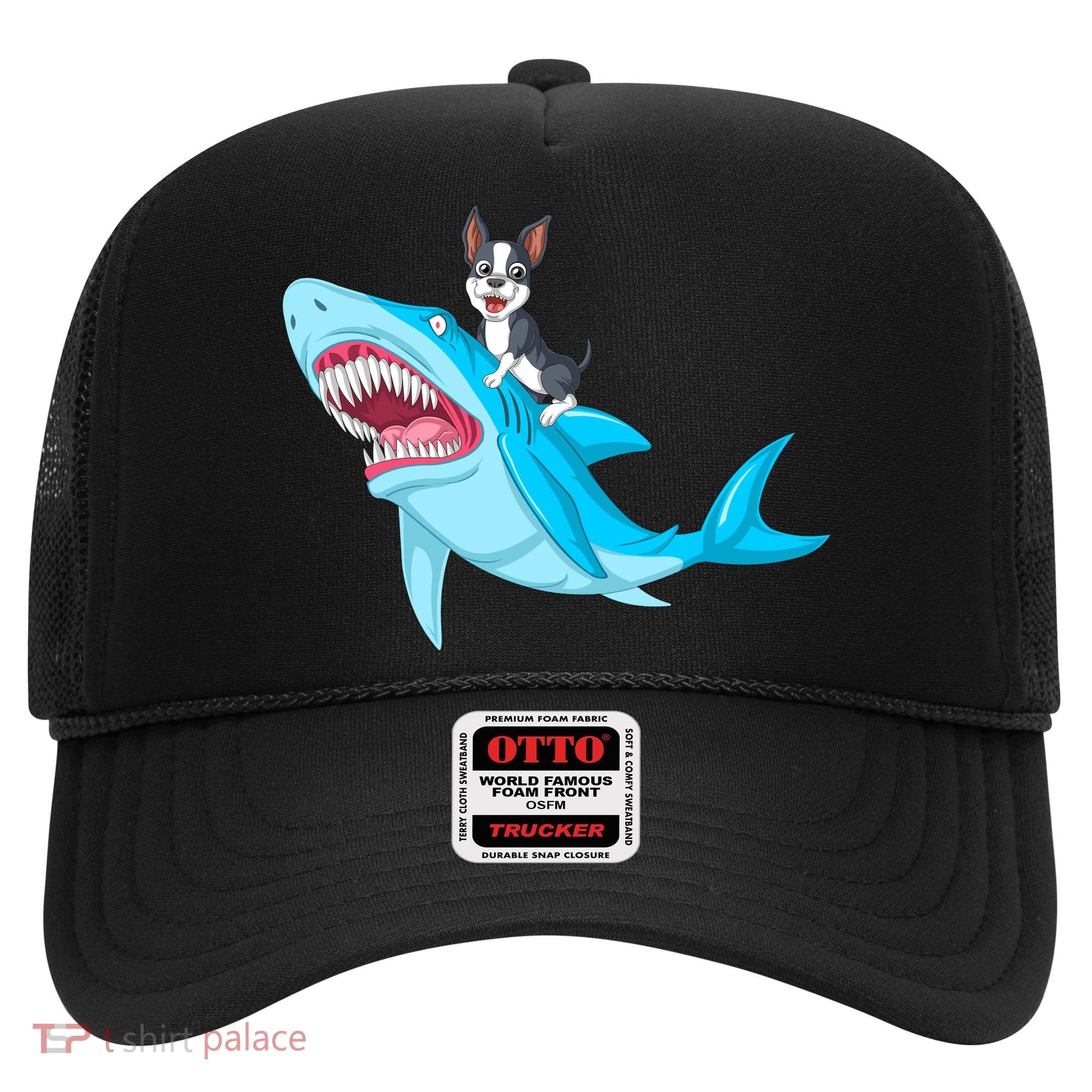Boston Terrier Riding Shark Hat