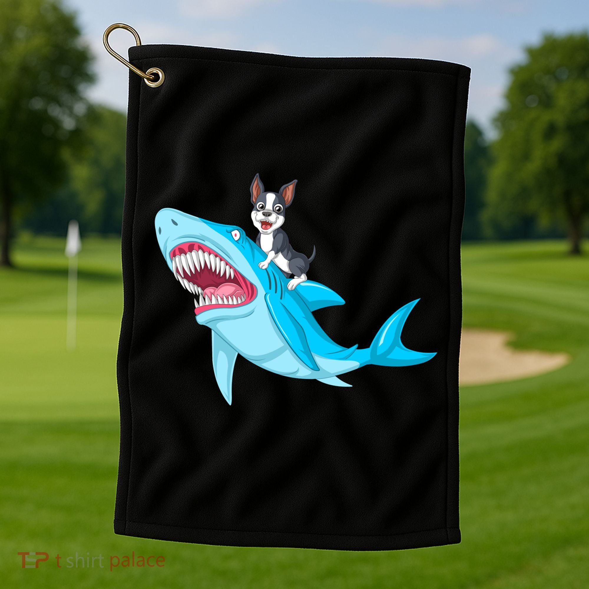 Boston Terrier Riding Shark Golf Towel