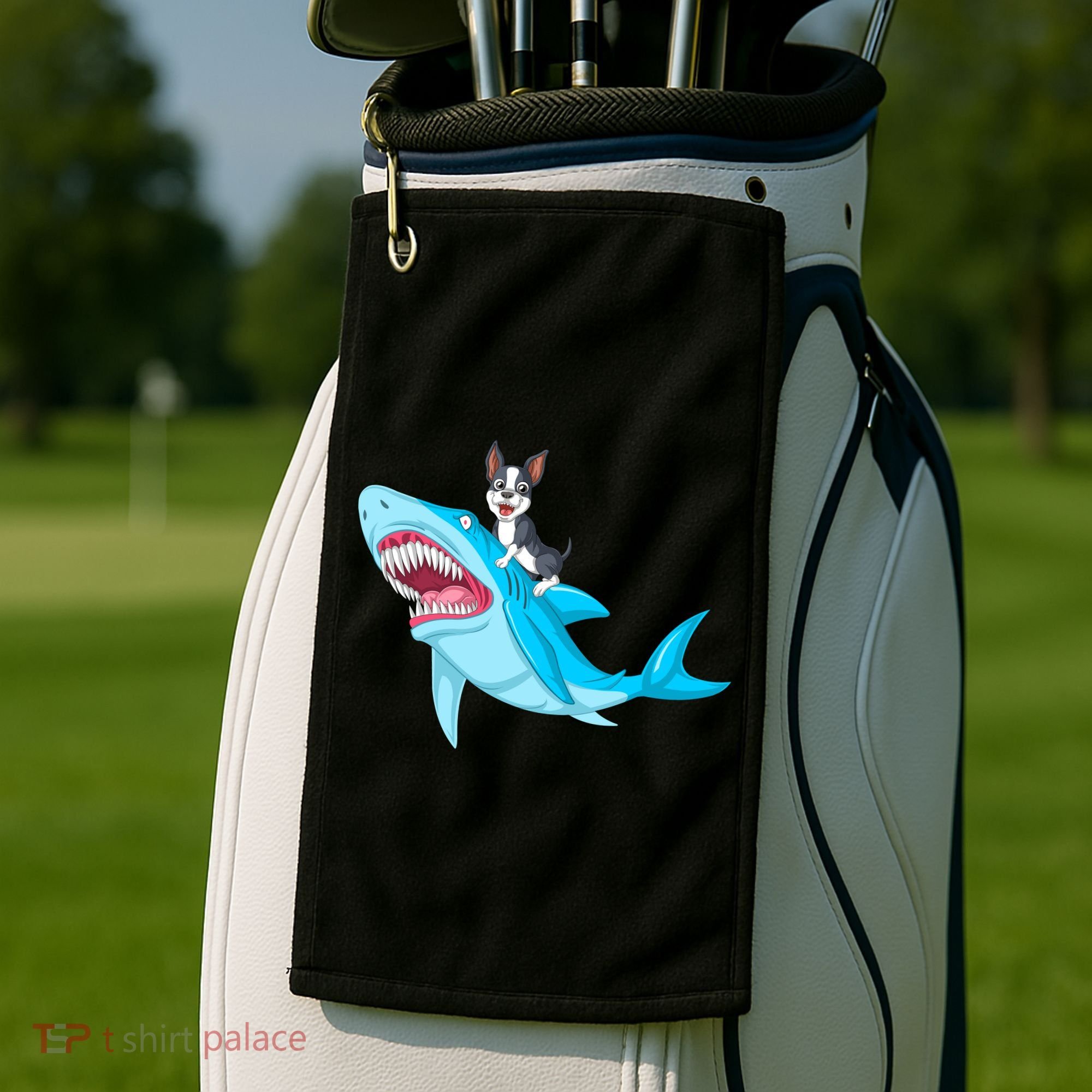 Boston Terrier Riding Shark Golf Towel