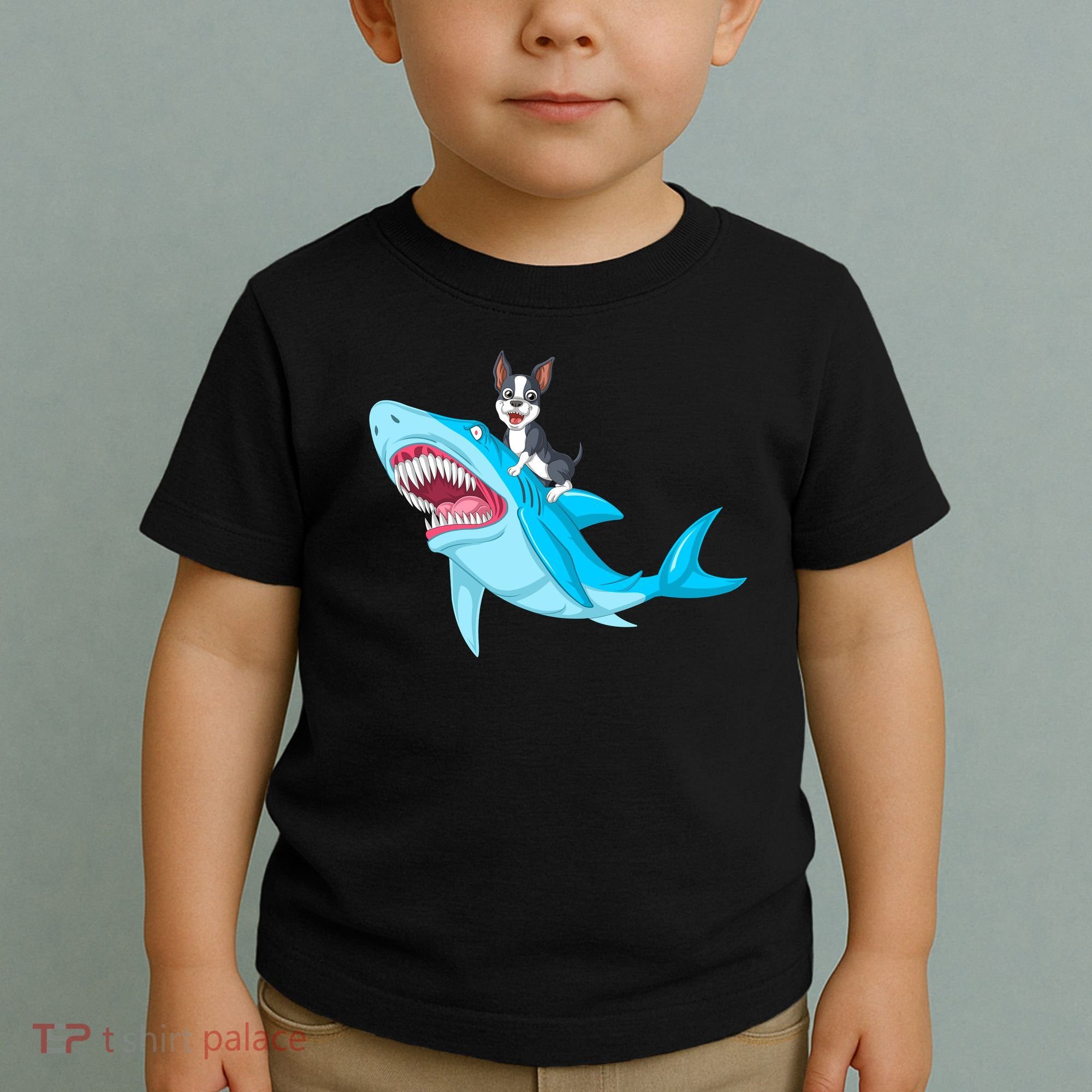 Boston Terrier Riding Shark Toddler T-Shirt