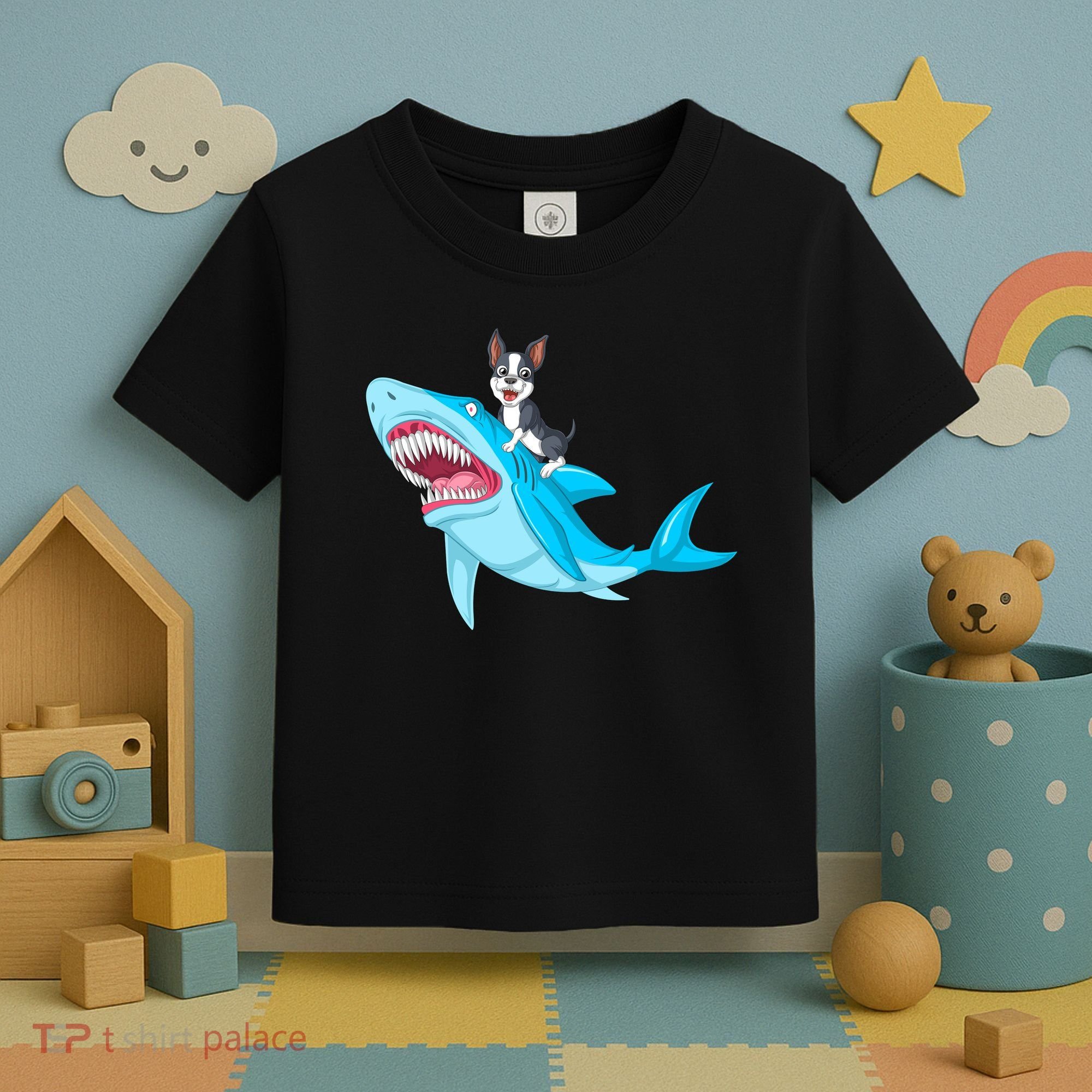 Boston Terrier Riding Shark Toddler T-Shirt