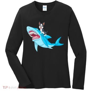 Boston Terrier Riding Shark Women's Long Sleeve Shirt