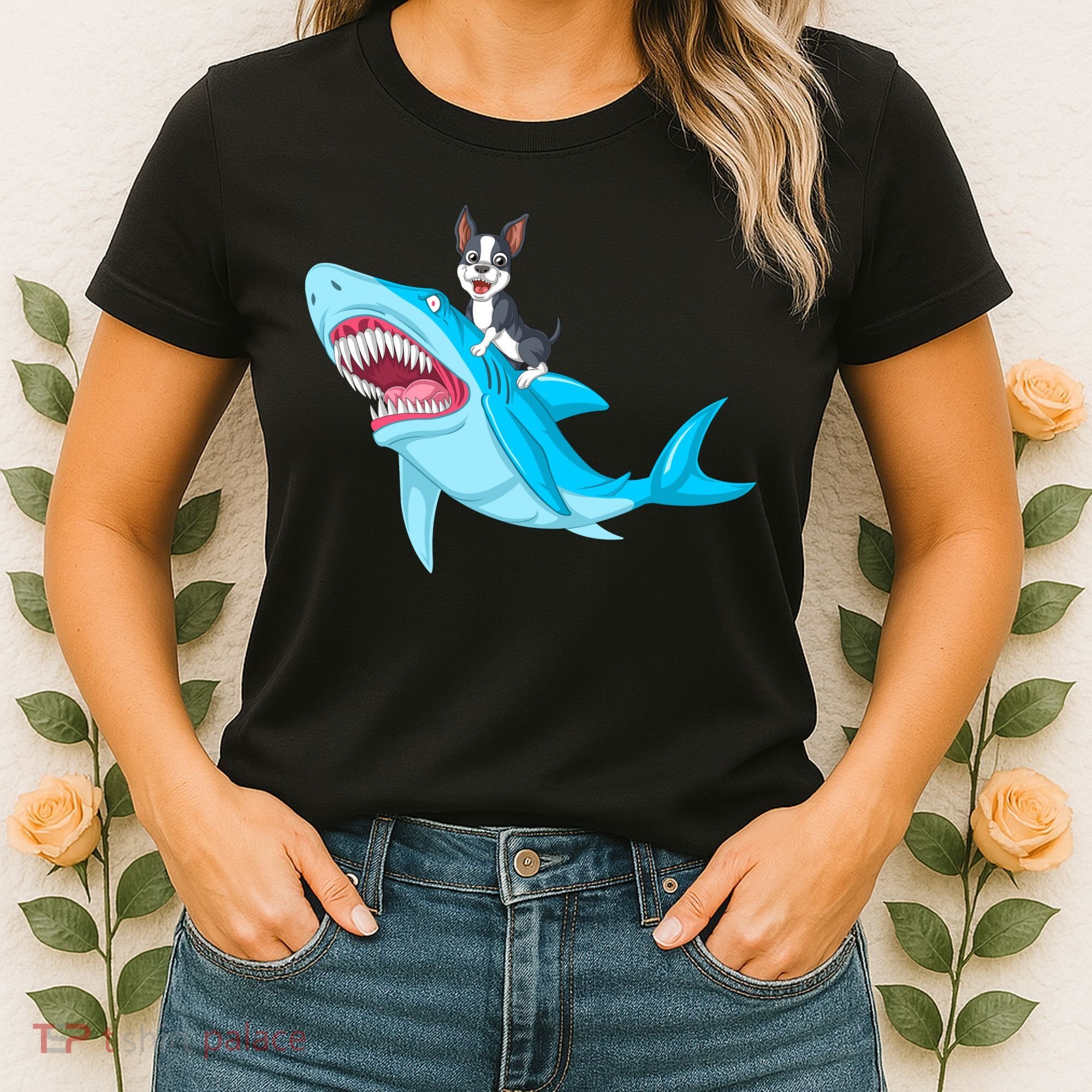Boston Terrier Riding Shark Women's T-Shirt