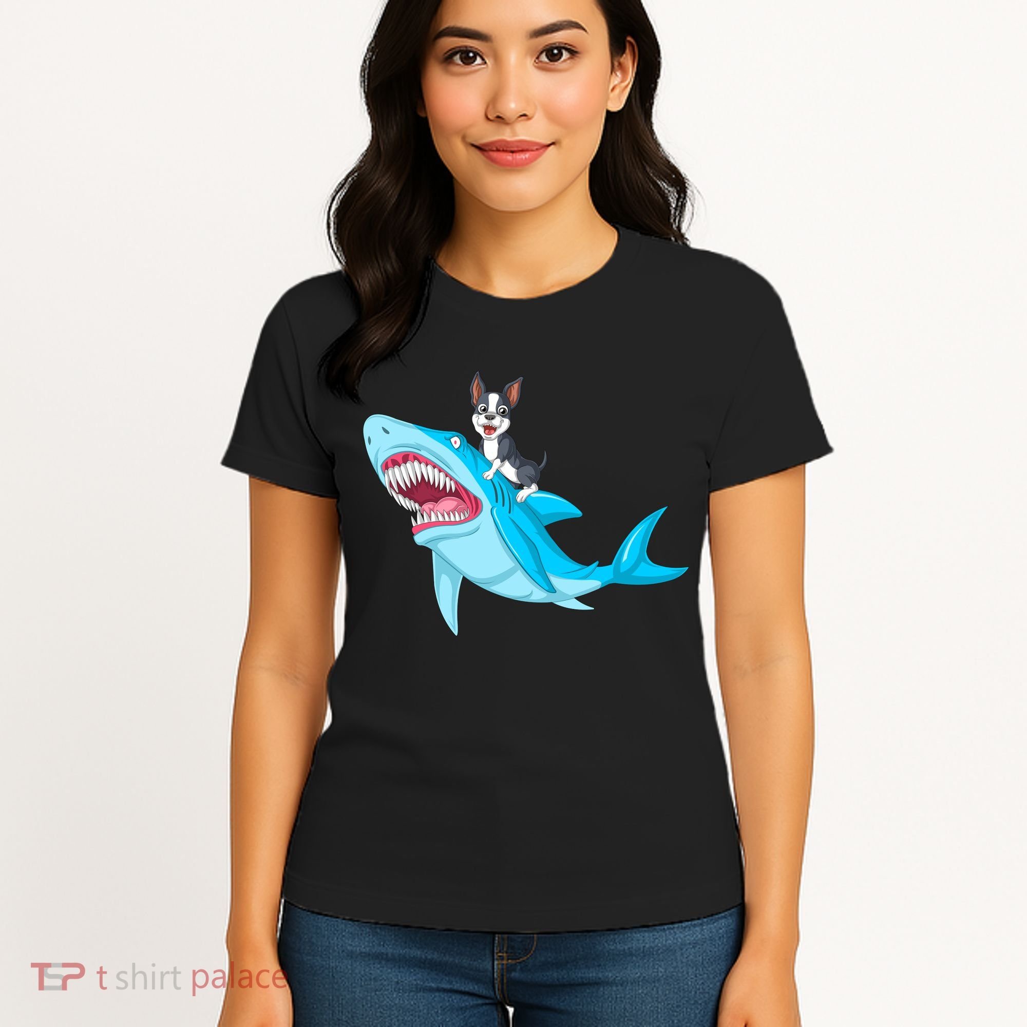Boston Terrier Riding Shark Women's T-Shirt