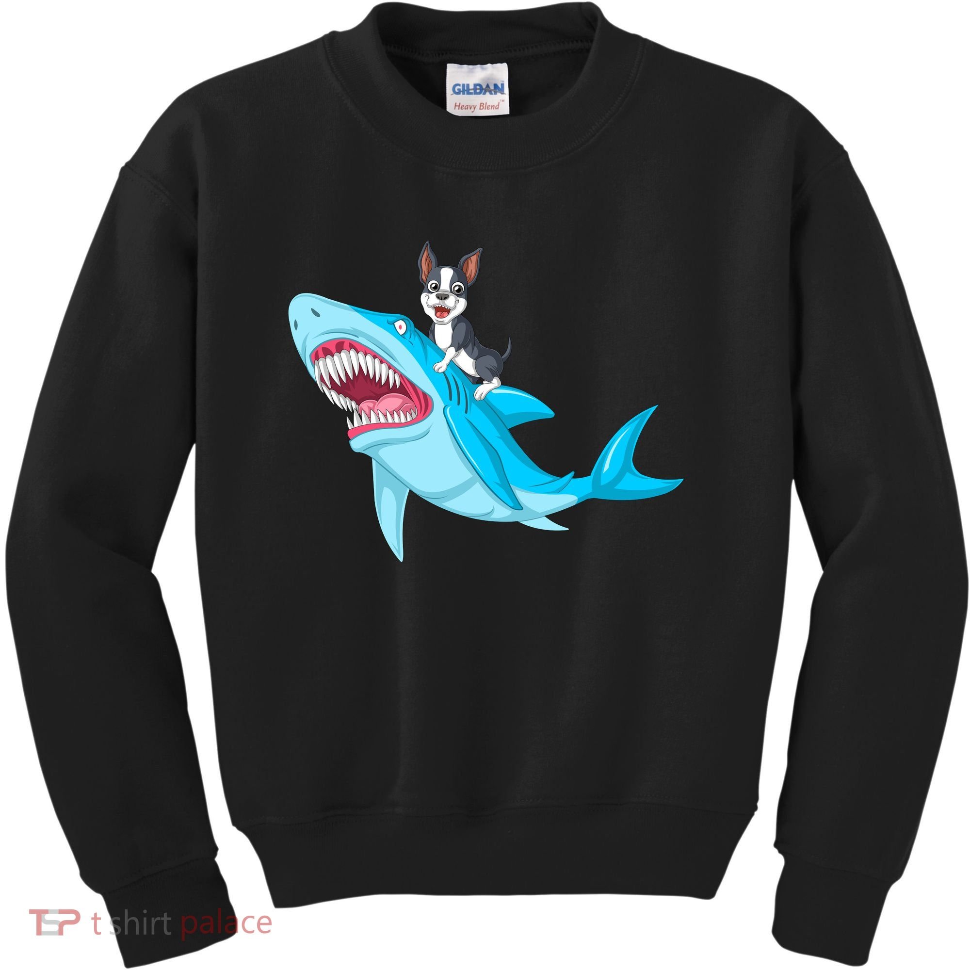Boston Terrier Riding Shark Kids Sweatshirt