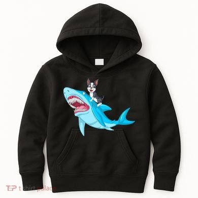 Boston Terrier Riding Shark Kids Hoodie