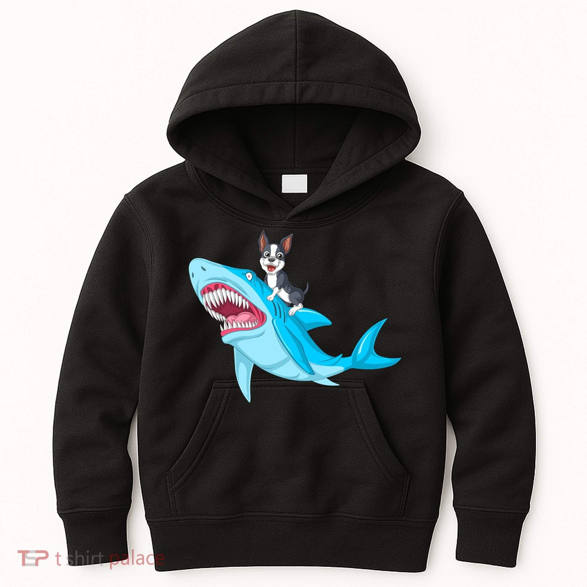 Boston Terrier Riding Shark Kids Hoodie