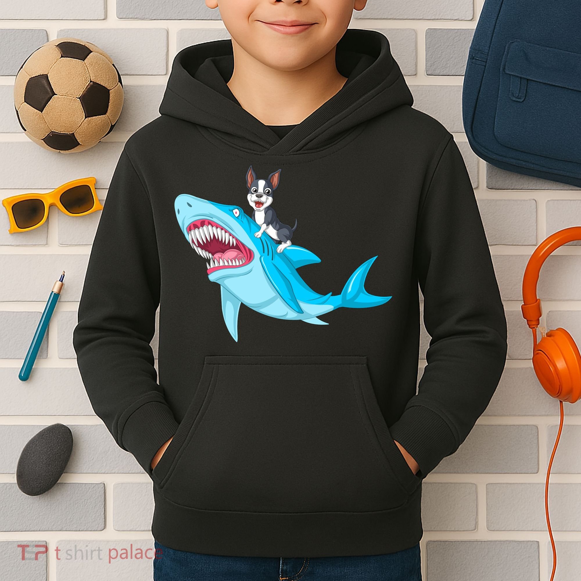 Boston Terrier Riding Shark Kids Hoodie