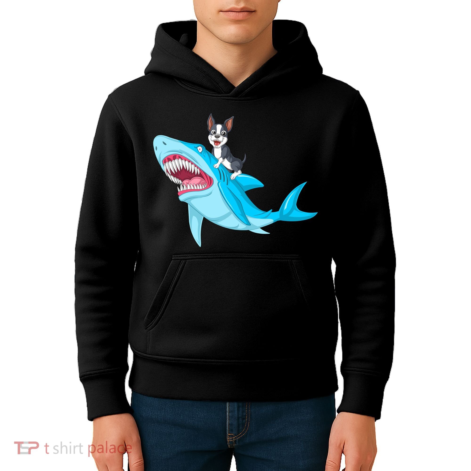 Boston Terrier Riding Shark Kids Hoodie