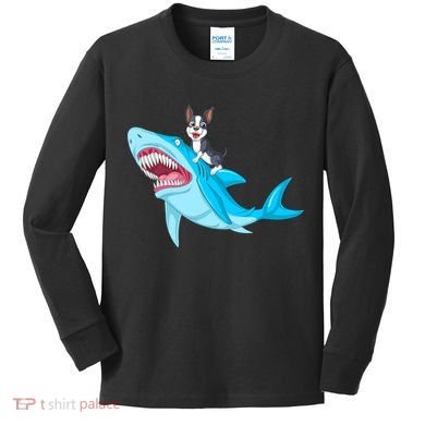 Boston Terrier Riding Shark Kids Long Sleeve Shirt