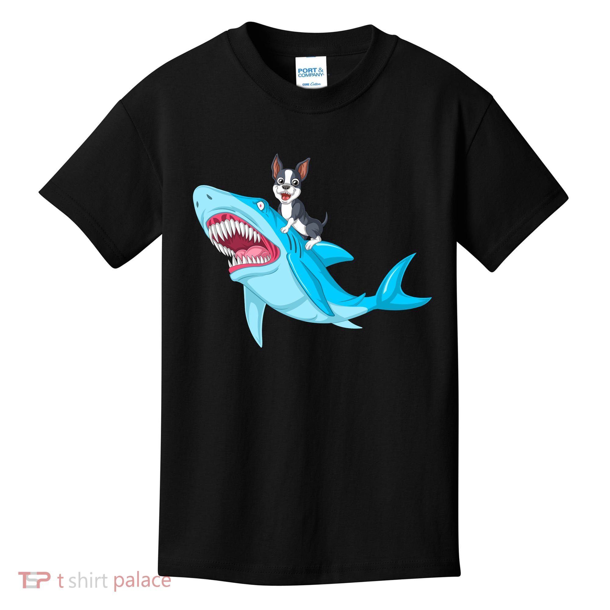 Boston Terrier Riding Shark Kids T-Shirt