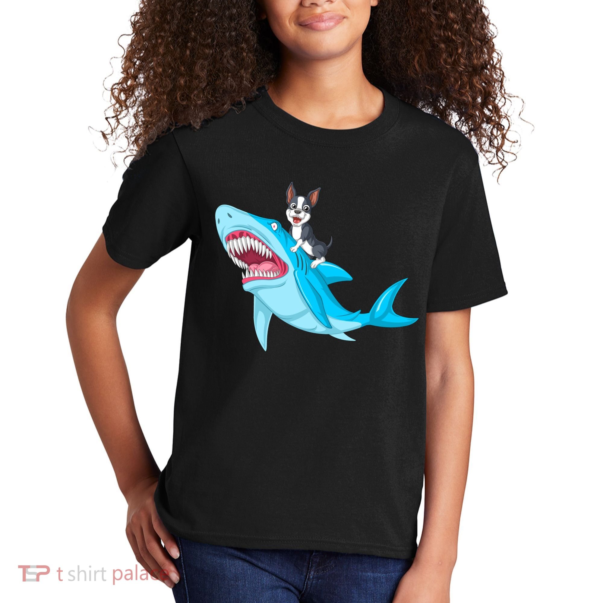 Boston Terrier Riding Shark Kids T-Shirt