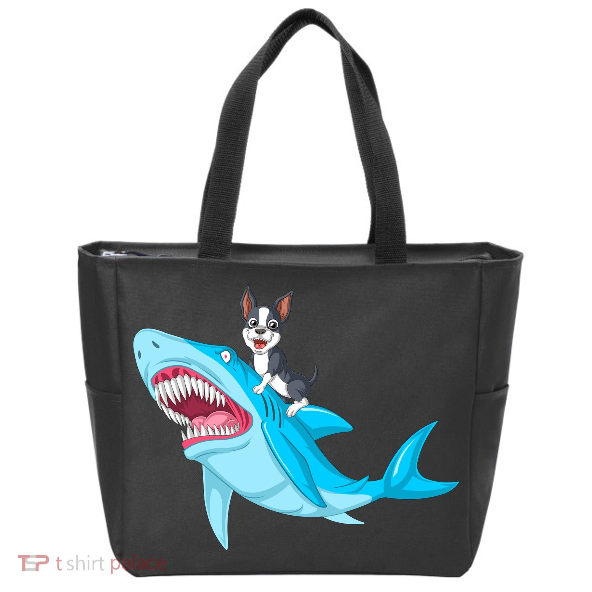 Boston Terrier Riding Shark Tote Bag