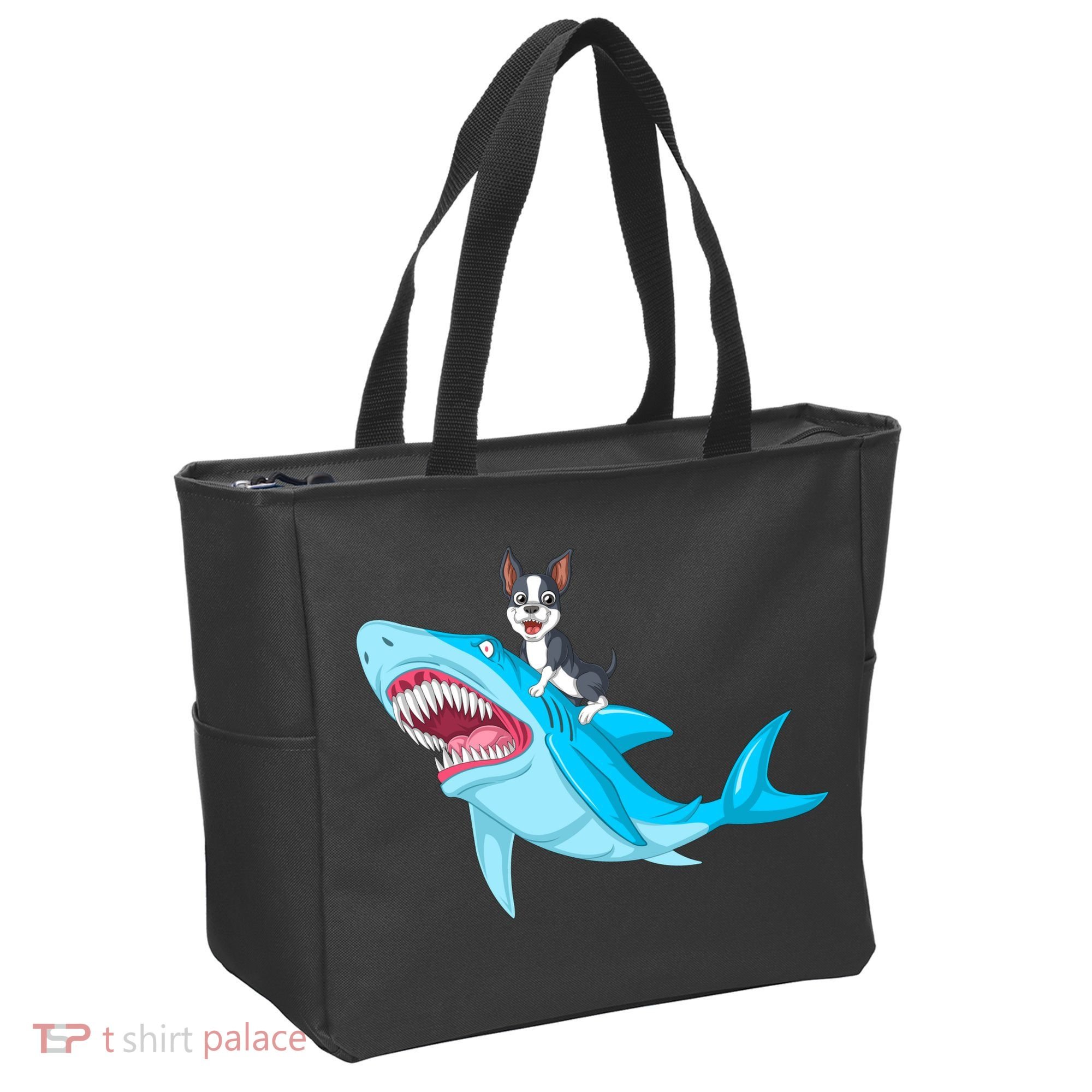 Boston Terrier Riding Shark Tote Bag