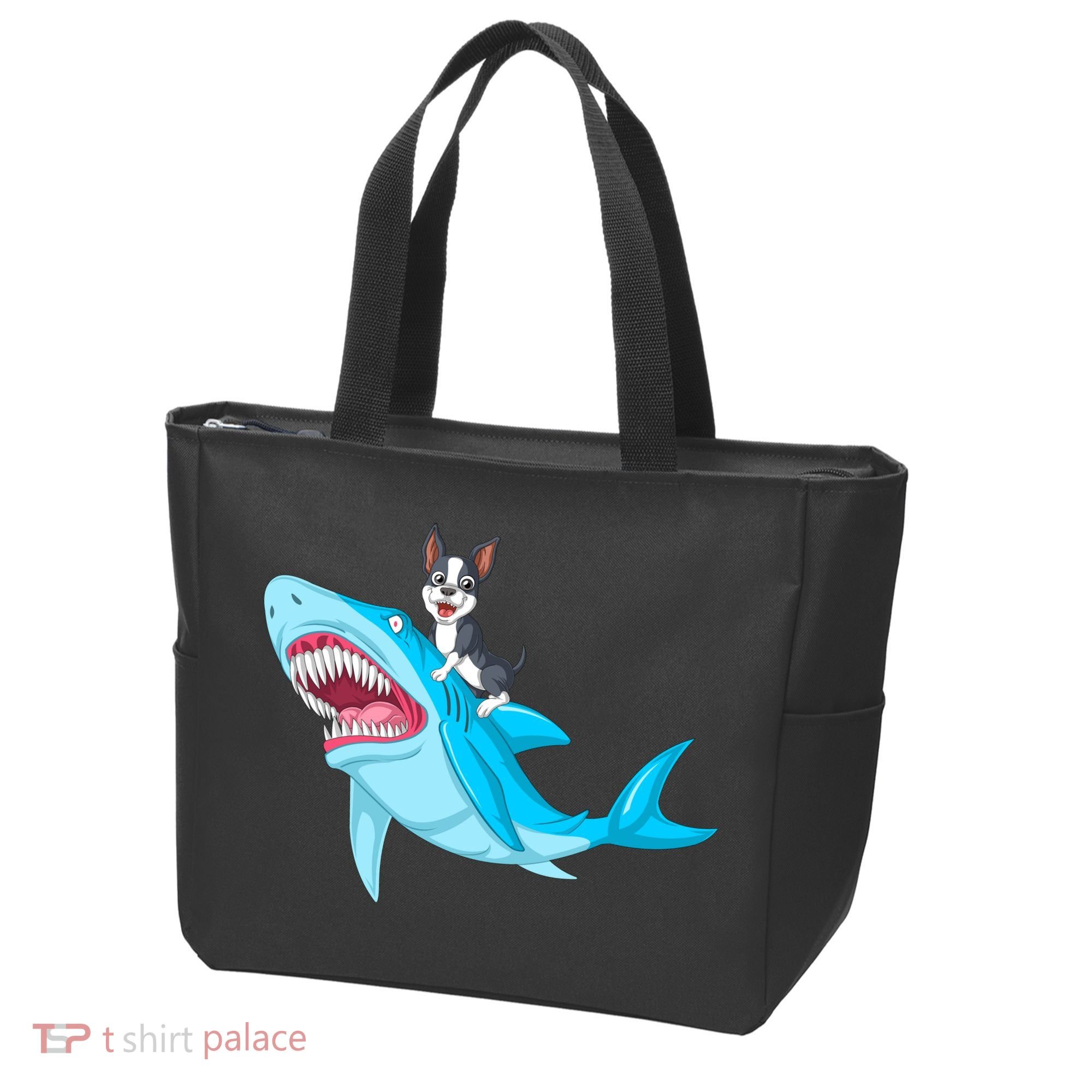 Boston Terrier Riding Shark Tote Bag