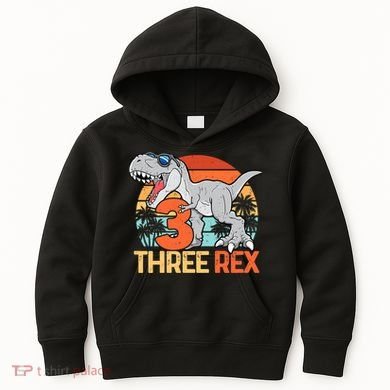 Boy Three Rex 3rd Birthday Third Dinosaur 3 Year Old Kids Hoodie