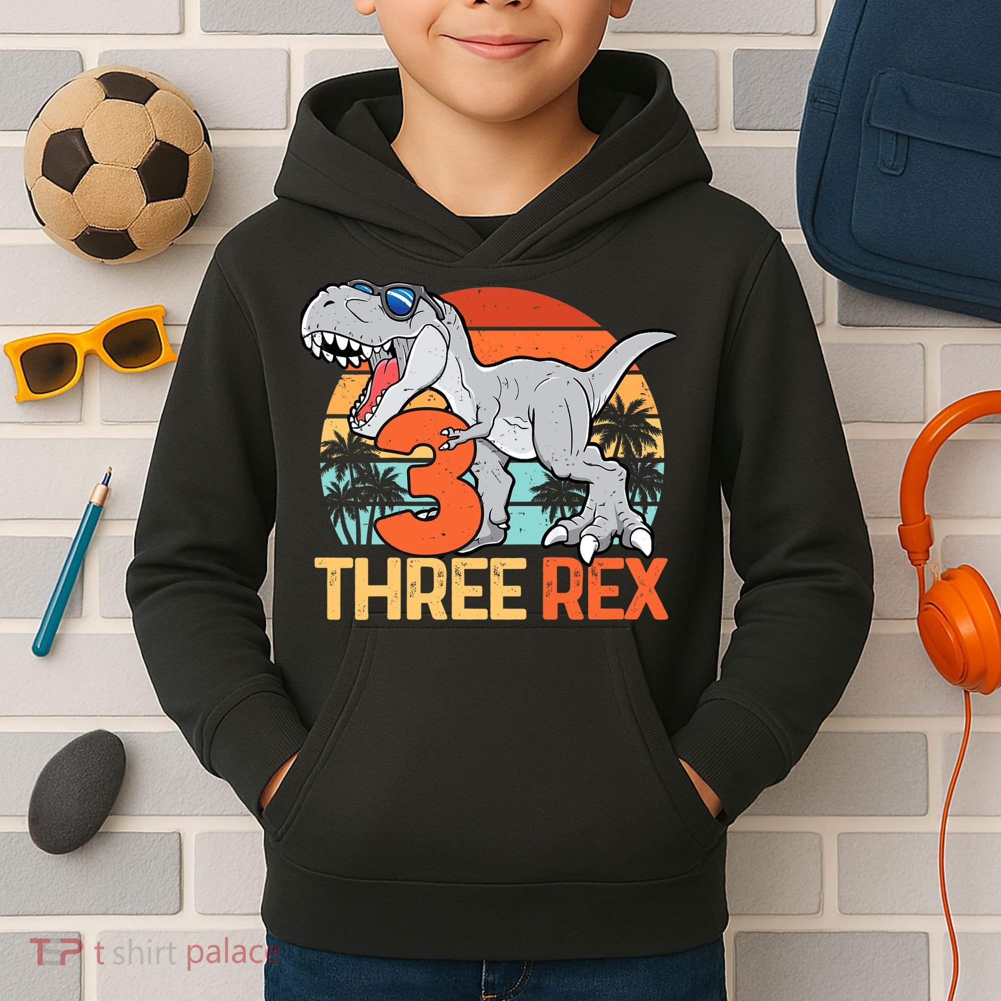 Boy Three Rex 3rd Birthday Third Dinosaur 3 Year Old Kids Hoodie