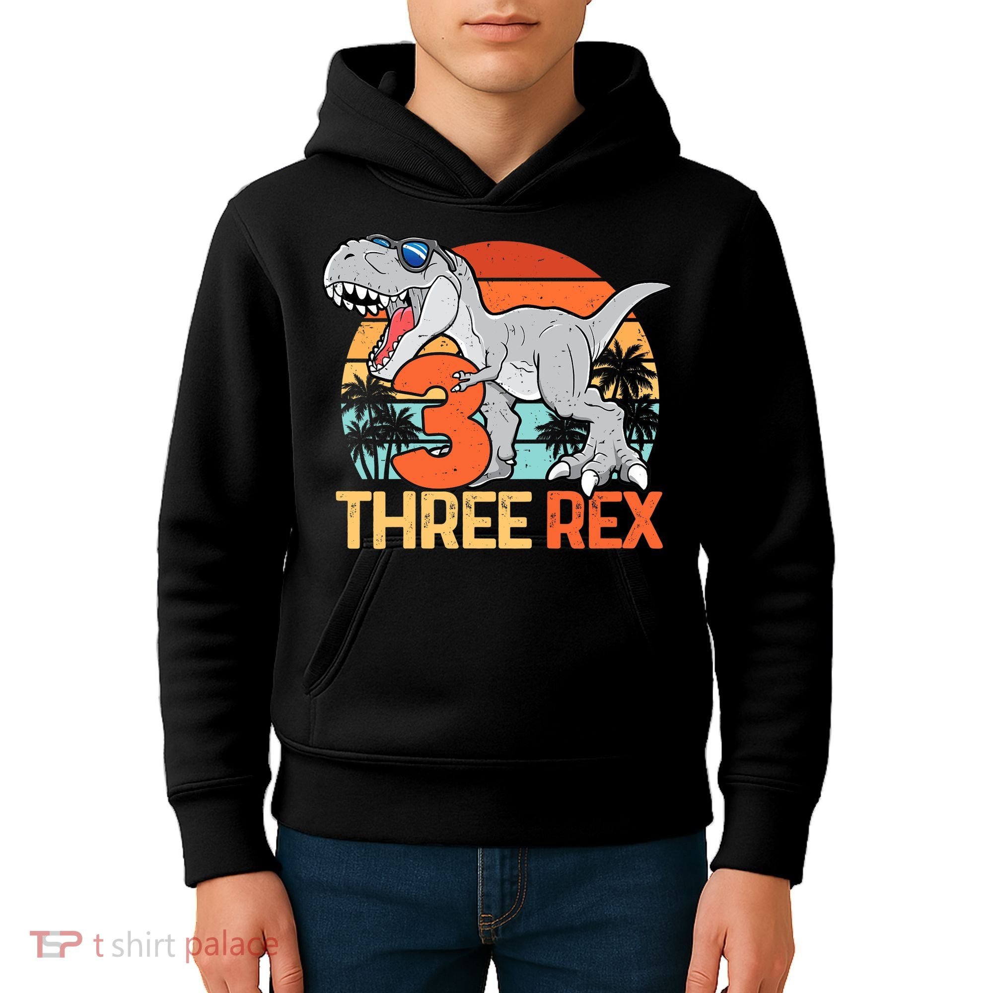 Boy Three Rex 3rd Birthday Third Dinosaur 3 Year Old Kids Hoodie