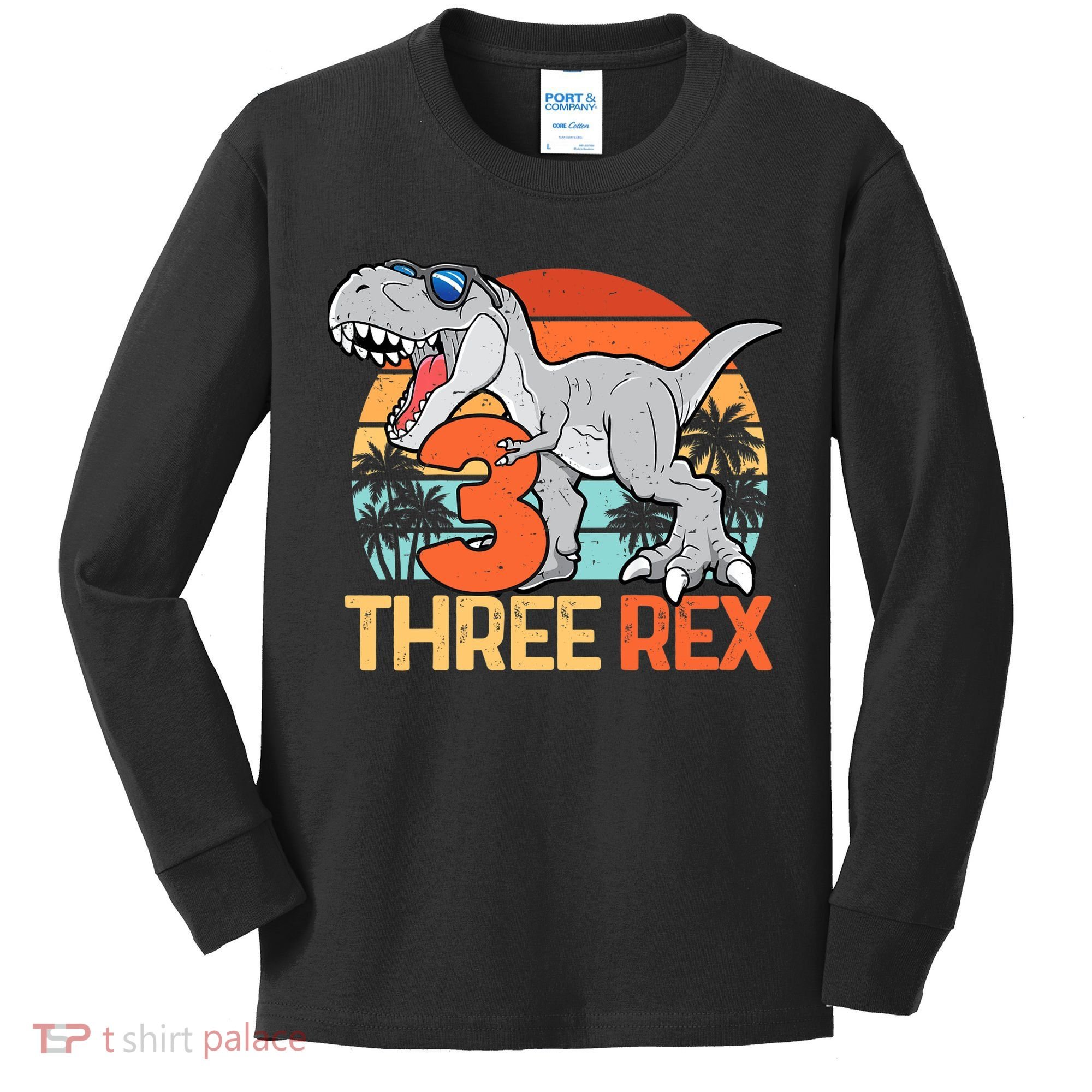 Boy Three Rex 3rd Birthday Third Dinosaur 3 Year Old Kids Long Sleeve Shirt